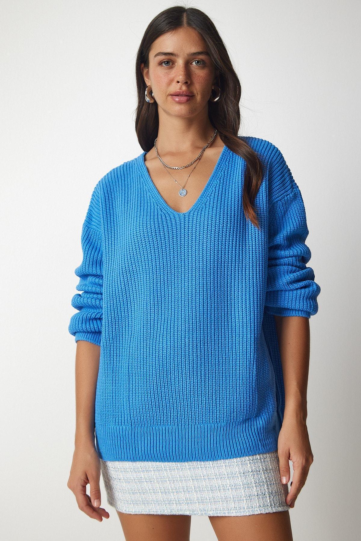 Happiness Istanbul - Blue V-Neck Oversize Basic Knitwear Sweater