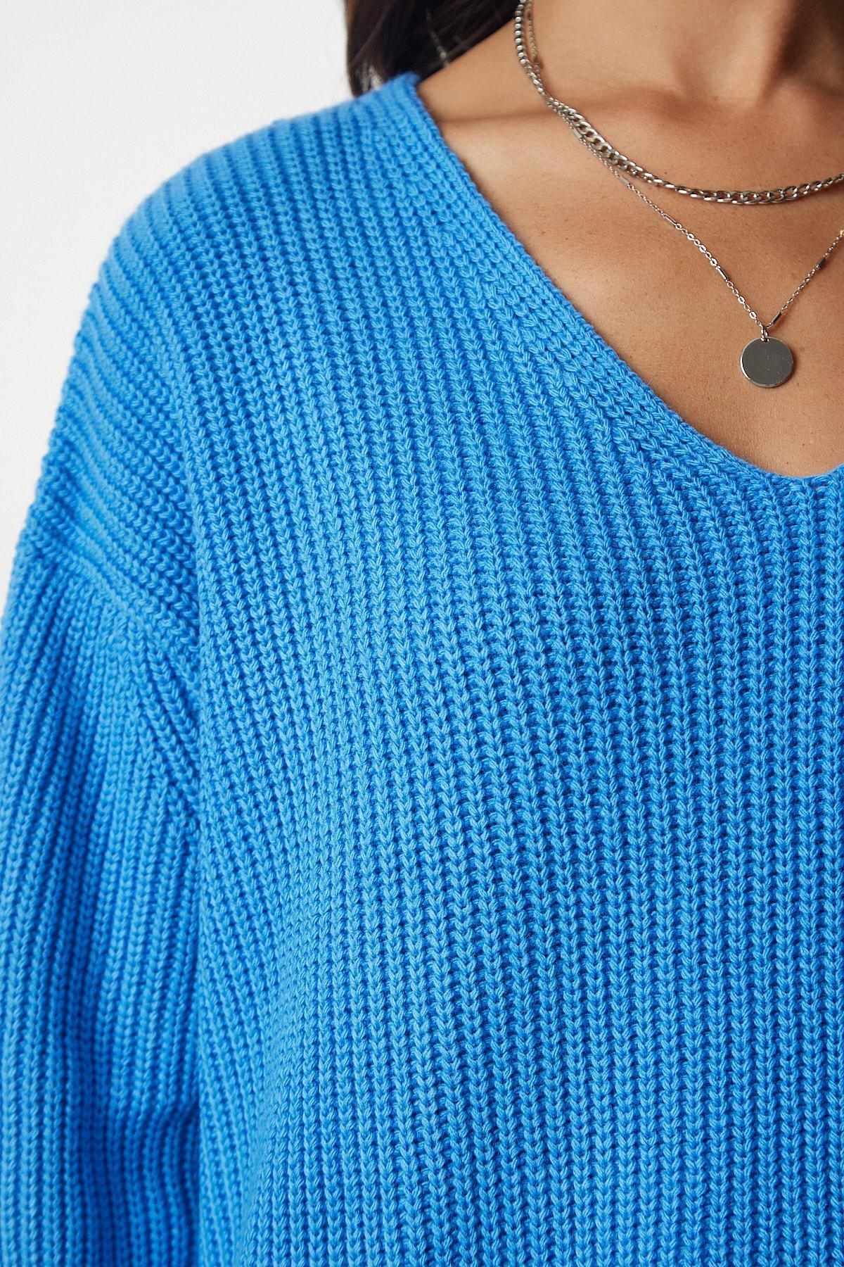 Happiness Istanbul - Blue V-Neck Oversize Basic Knitwear Sweater