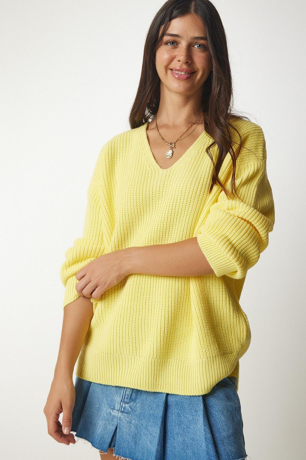 Yellow V-Neck Oversize Basic Knitwear Sweater, Yellow, large image number 1