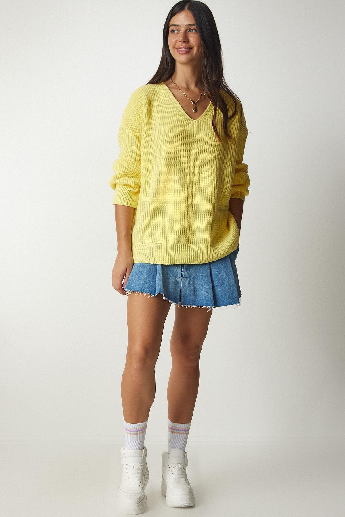 Yellow V-Neck Oversize Basic Knitwear Sweater, Yellow, large image number 2