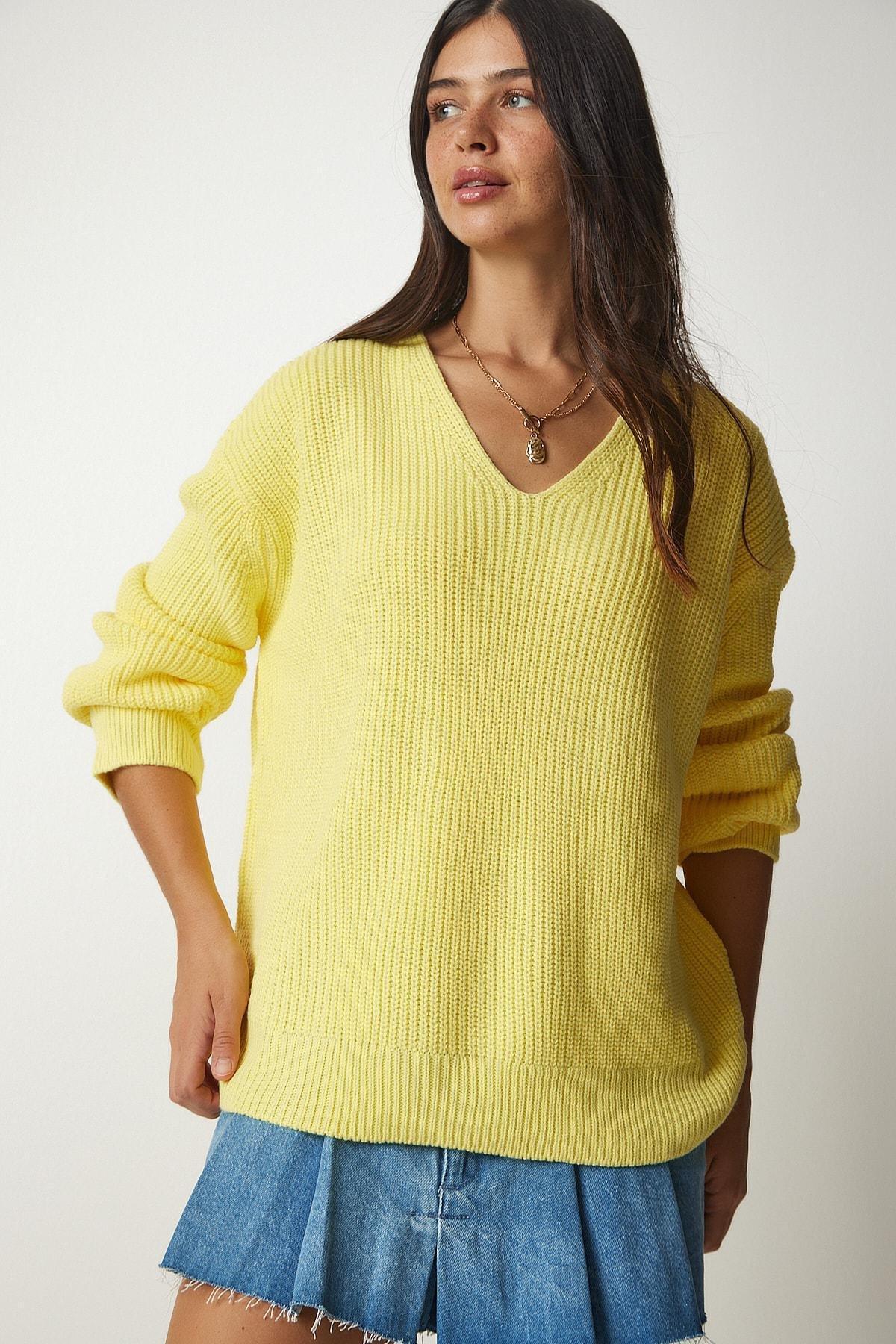 Yellow V-Neck Oversize Basic Knitwear Sweater, Yellow, large image number 3