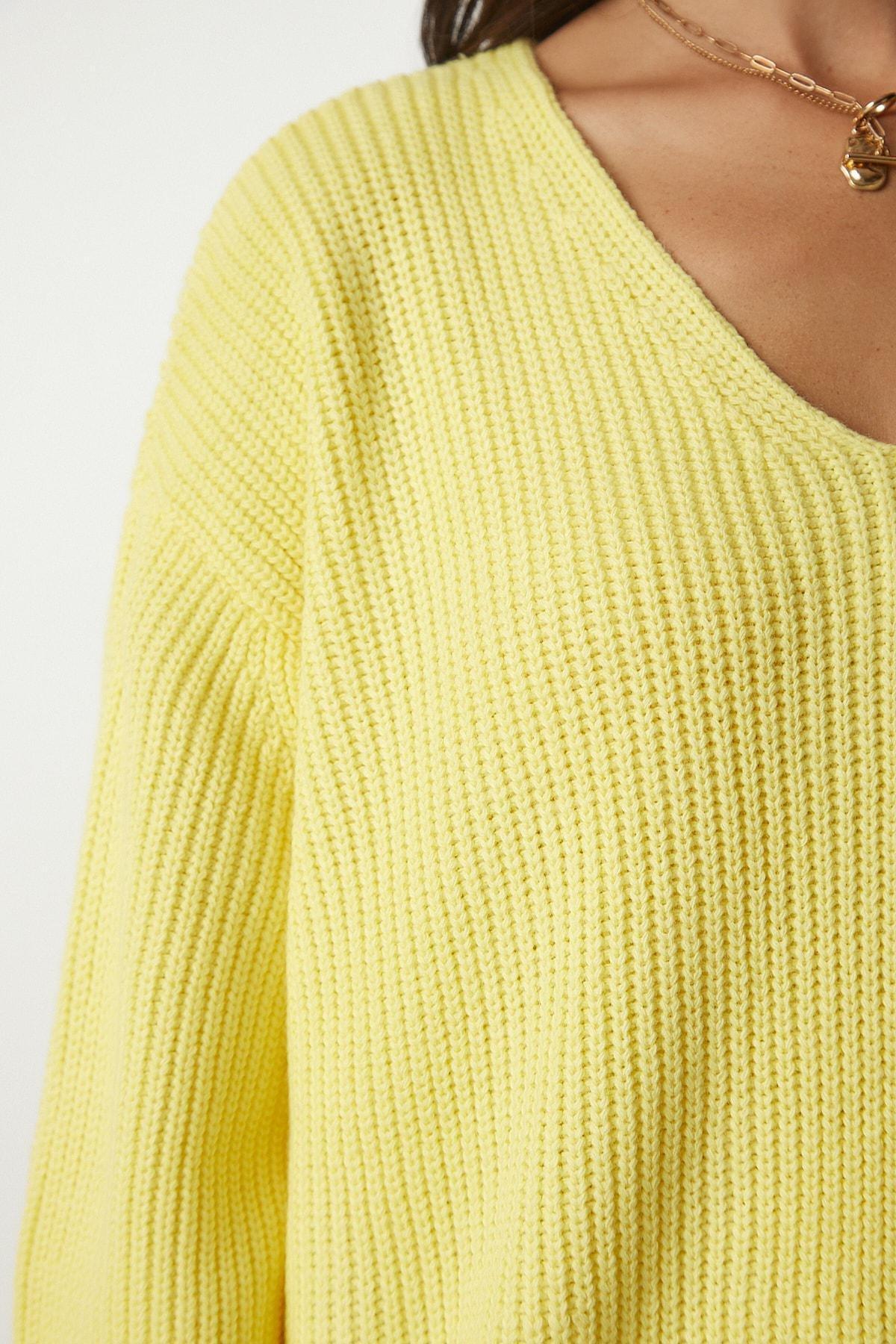 Yellow V-Neck Oversize Basic Knitwear Sweater, Yellow, large image number 4