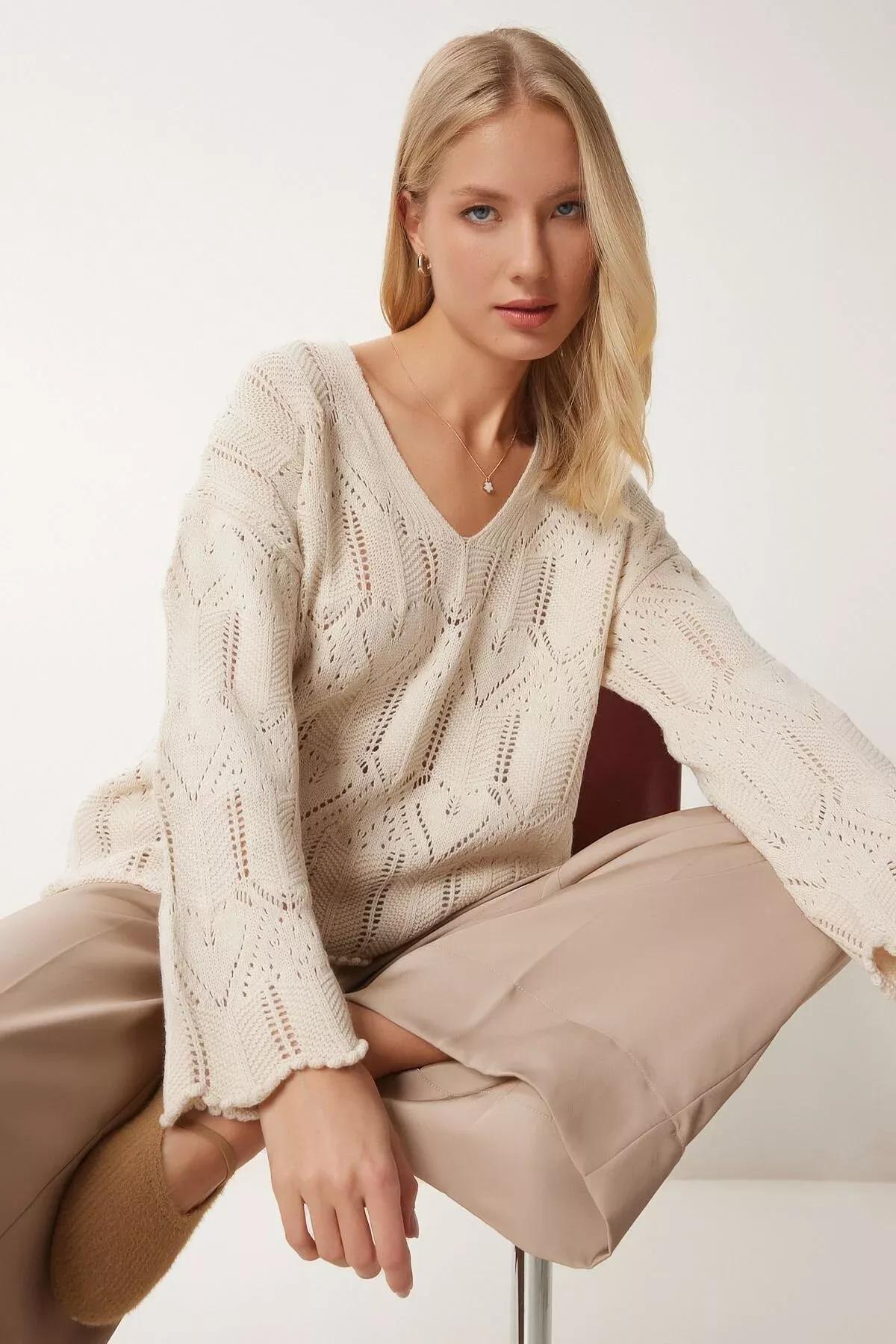 Cream V Neck Openwork Knitwear Sweater, Cream, large image number 0