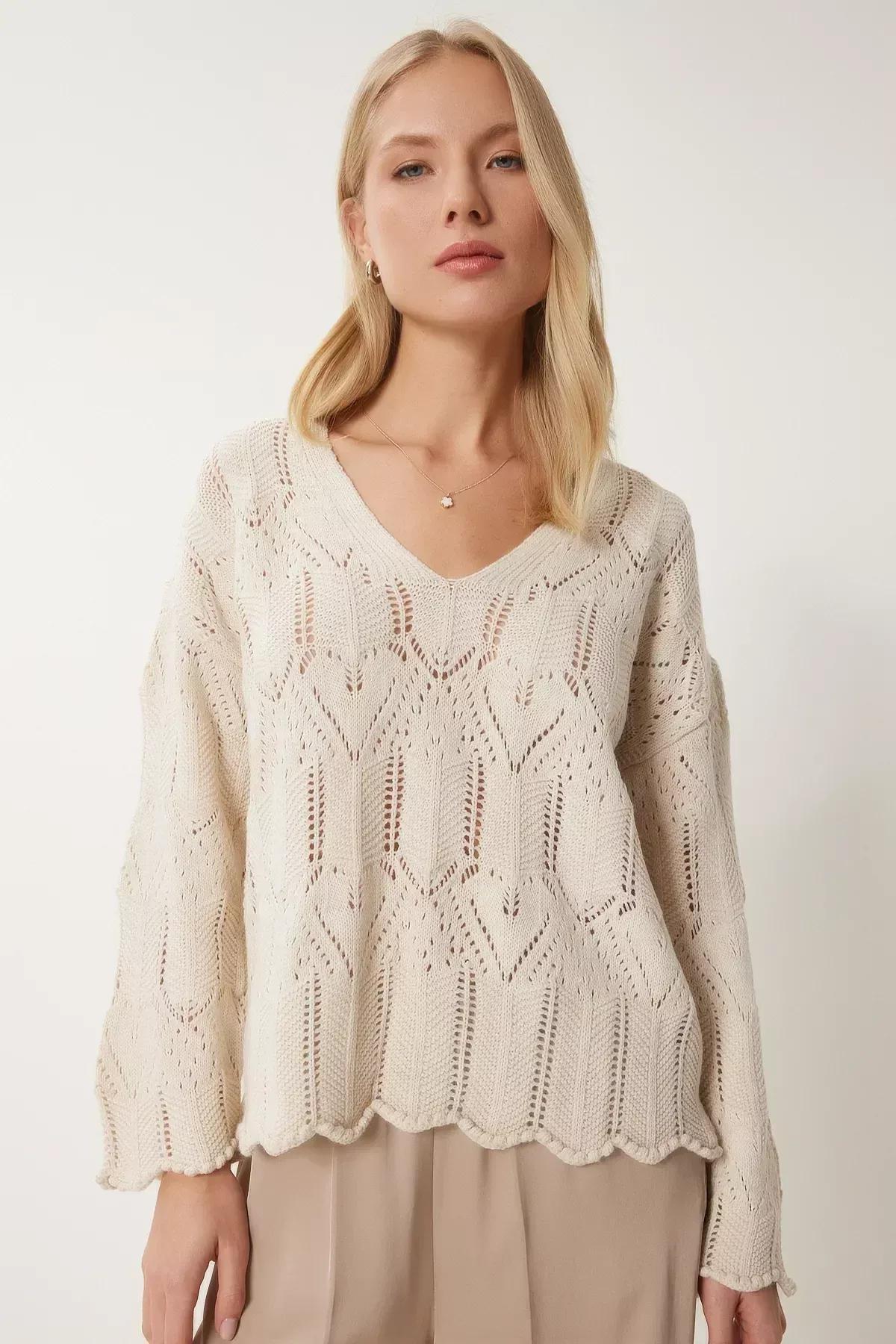 Cream V Neck Openwork Knitwear Sweater, Cream, large image number 1