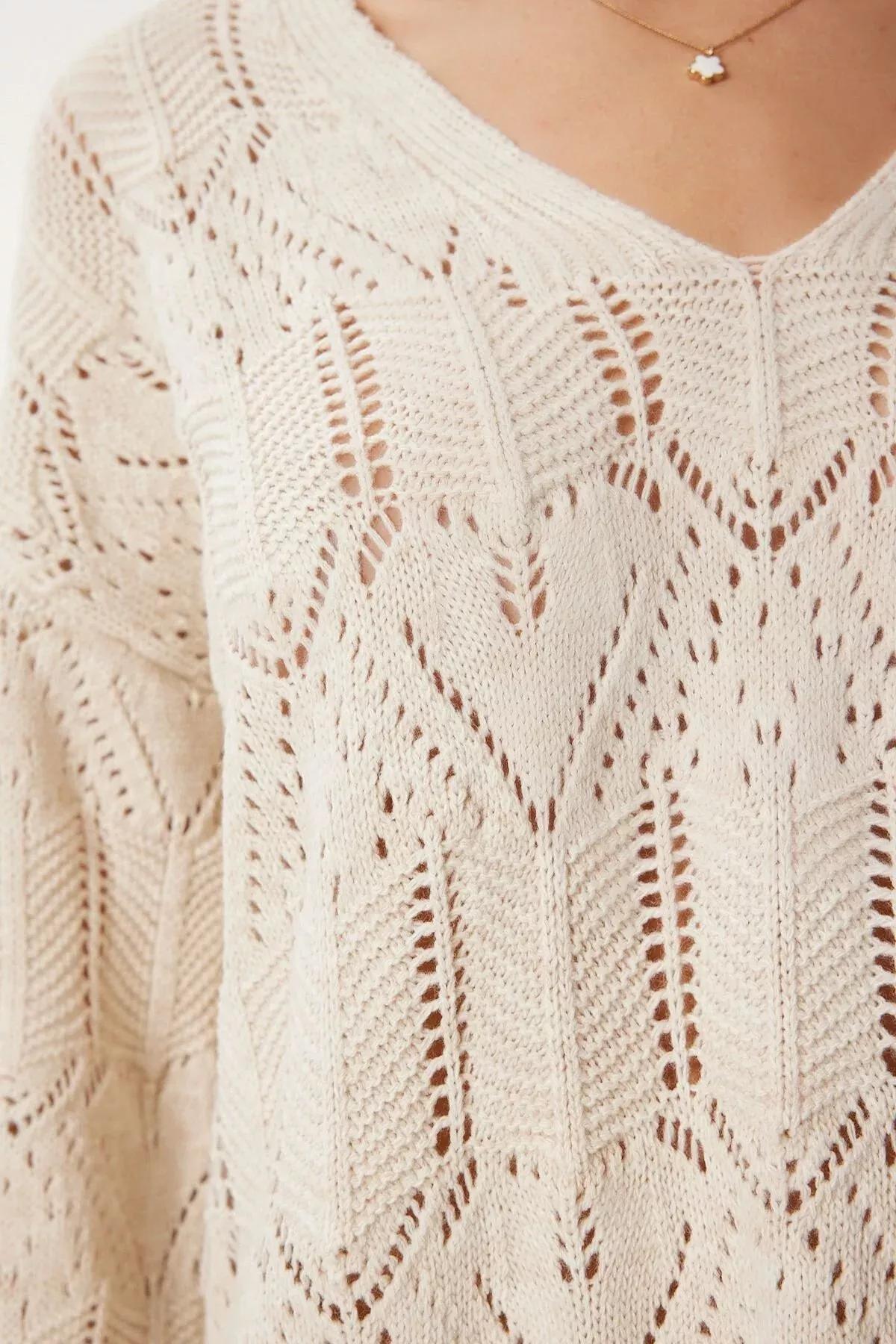 Cream V Neck Openwork Knitwear Sweater, Cream, large image number 2