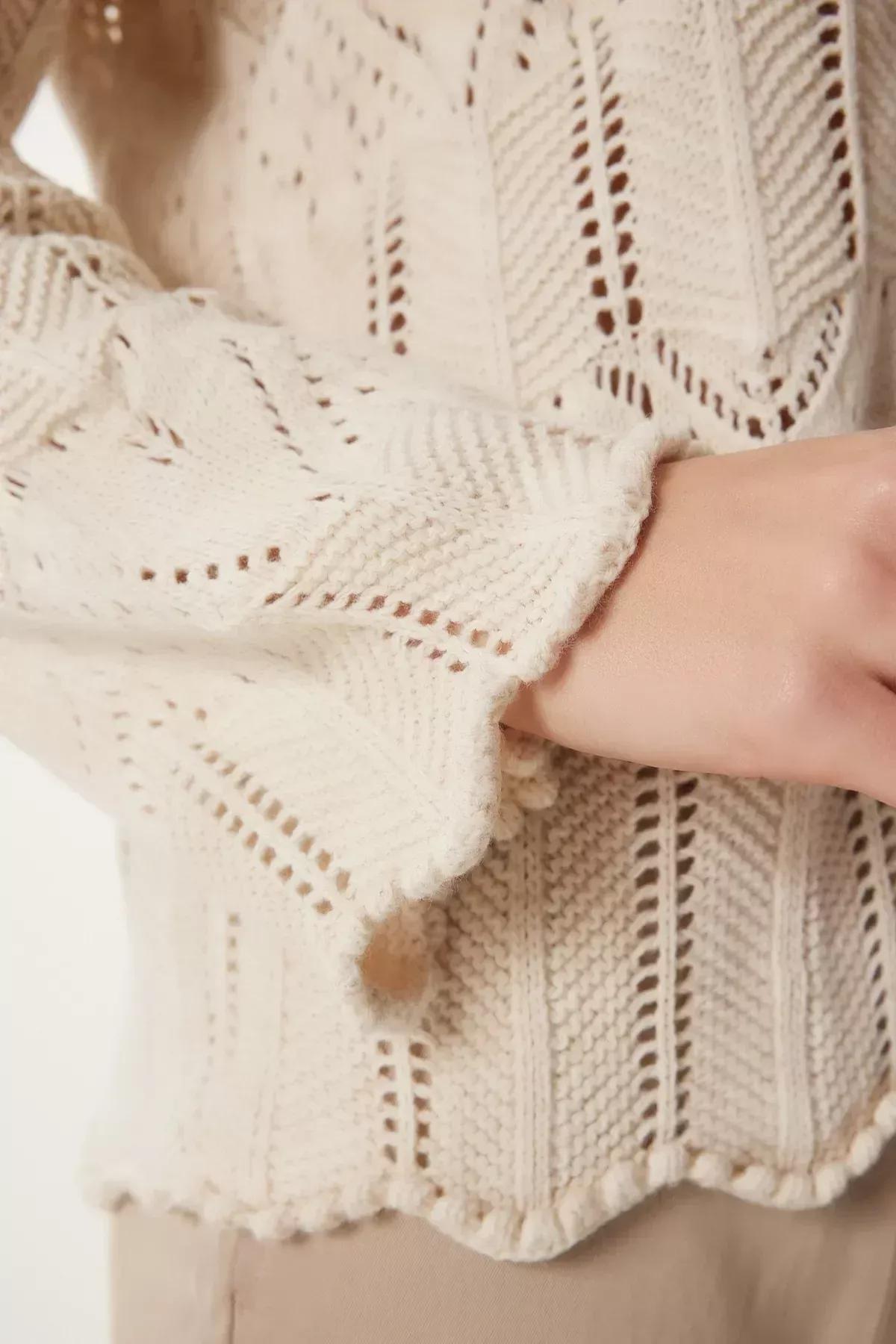 Cream V Neck Openwork Knitwear Sweater, Cream, large image number 3