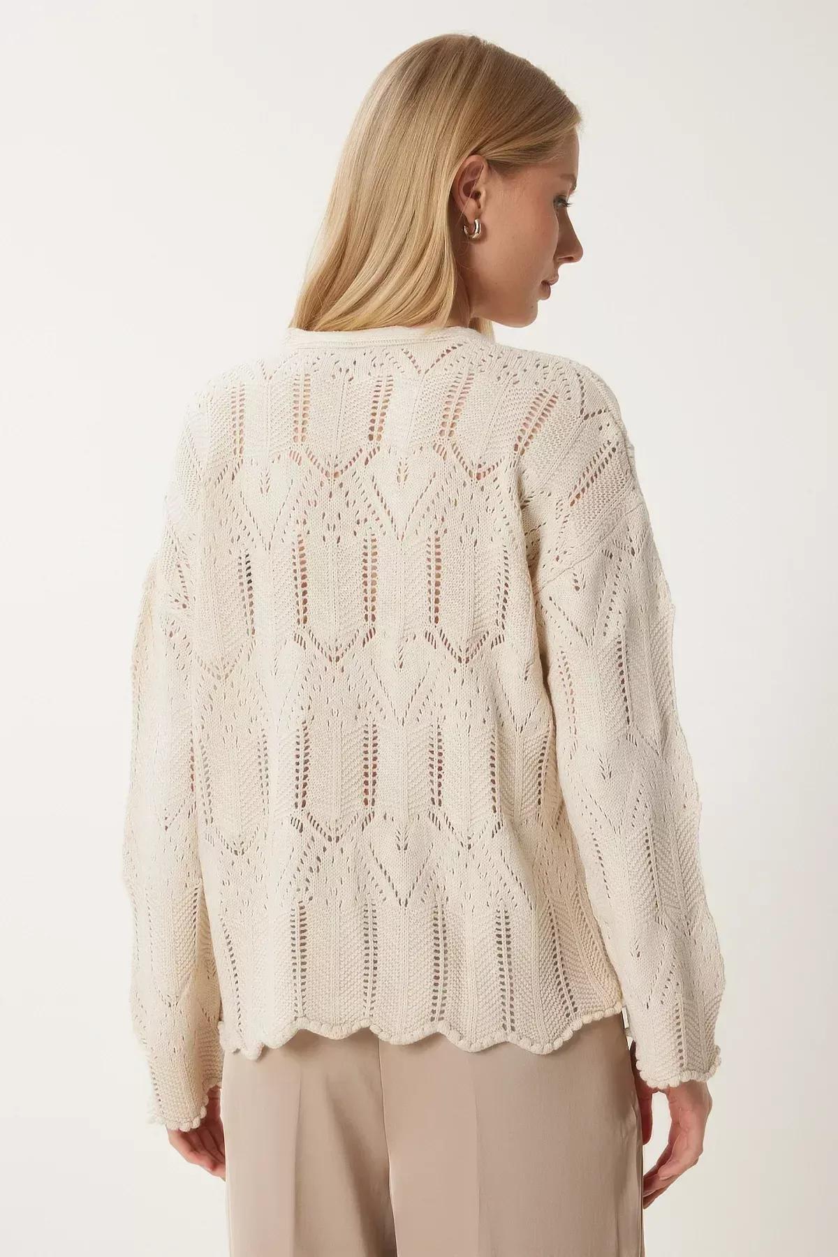 Cream V Neck Openwork Knitwear Sweater, Cream, large image number 4
