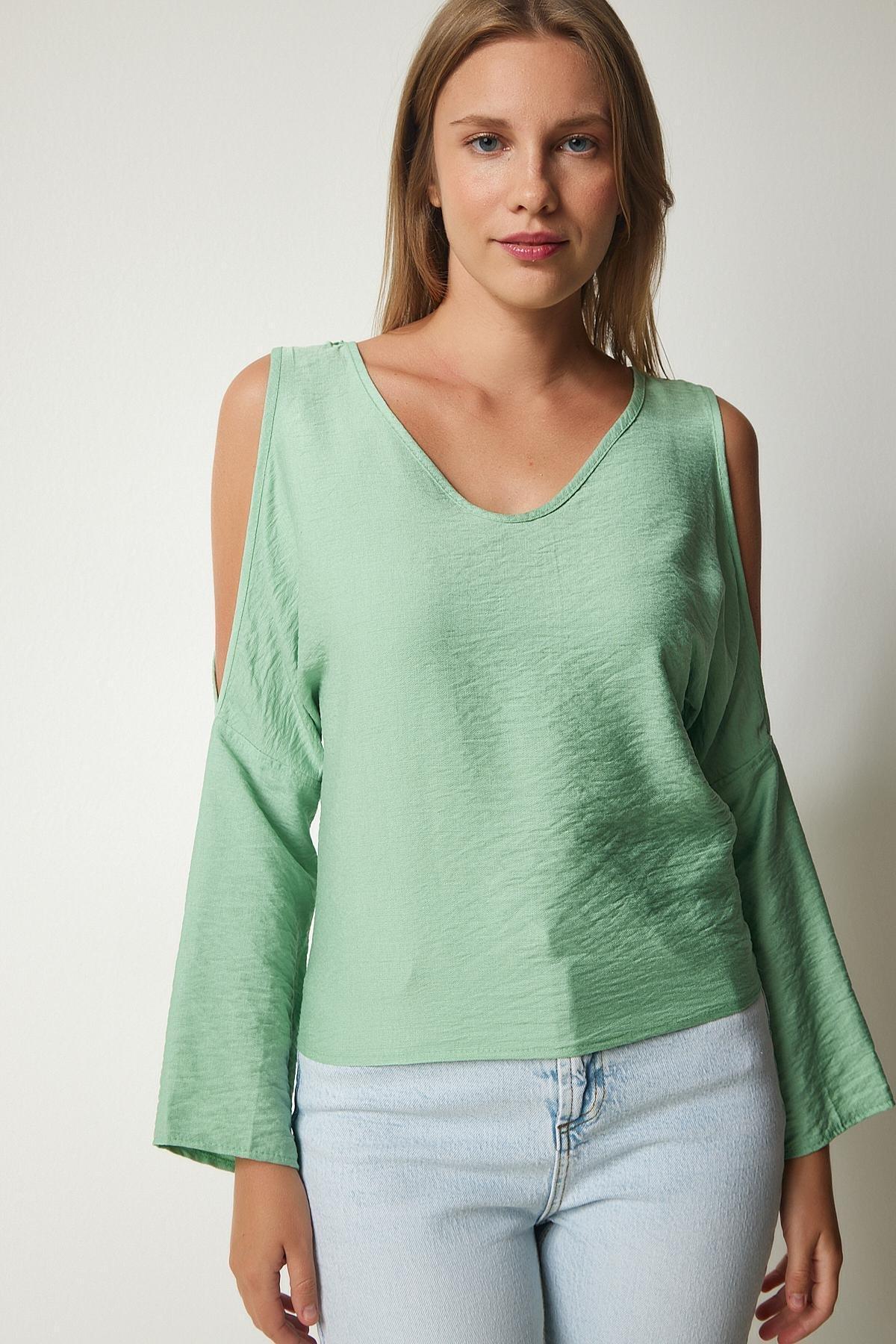 Green Decollete Flowy Blouse, , large image number 3