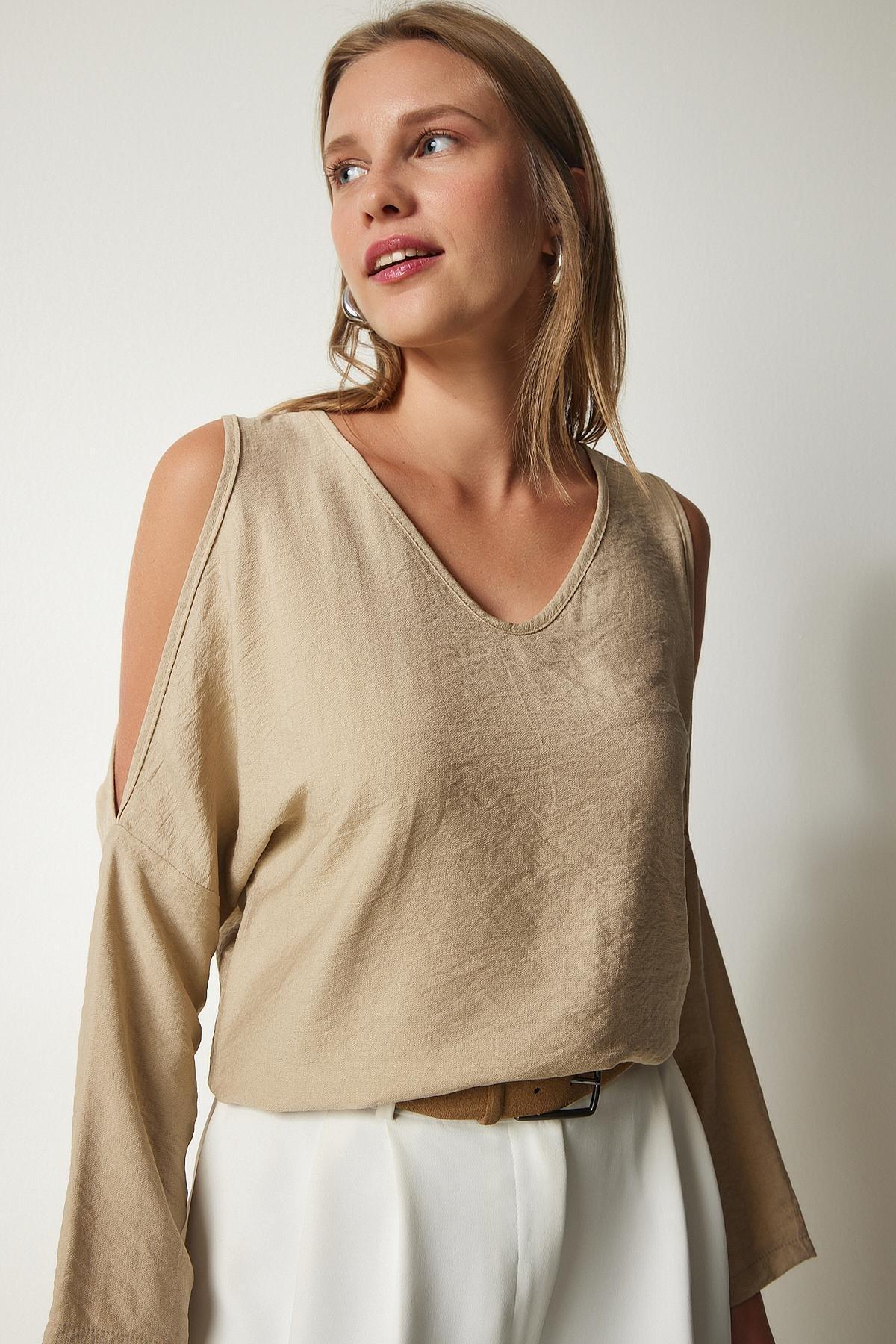 Beige Decollete Flowy Blouse, , large image number 0