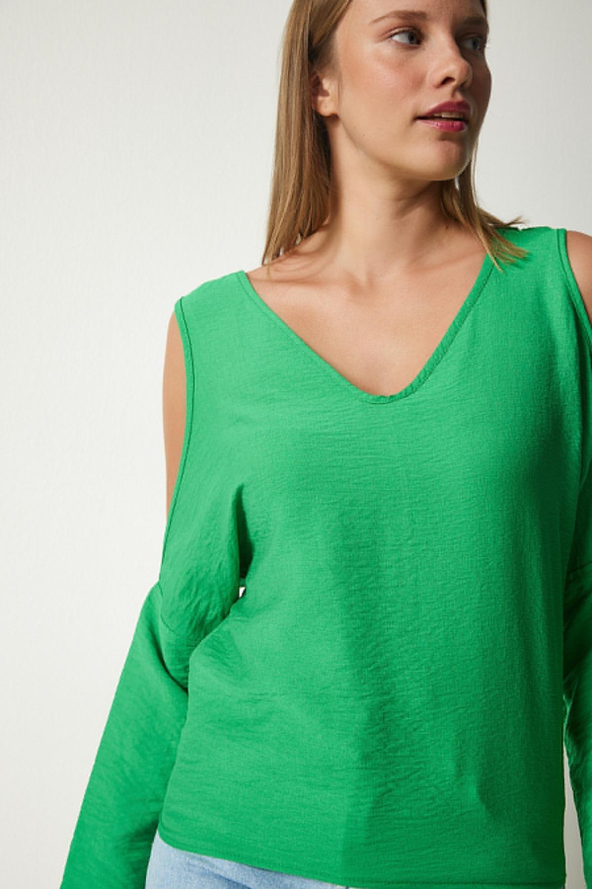 Green Decollete Flowy Blouse, , large image number 1
