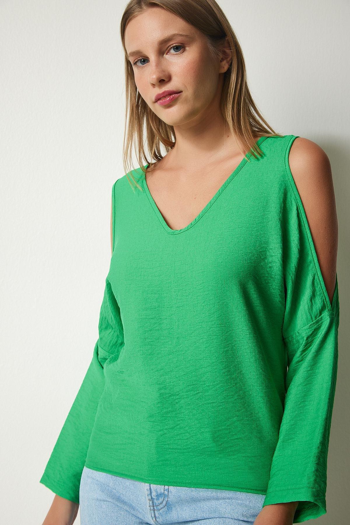 Green Decollete Flowy Blouse, , large image number 2