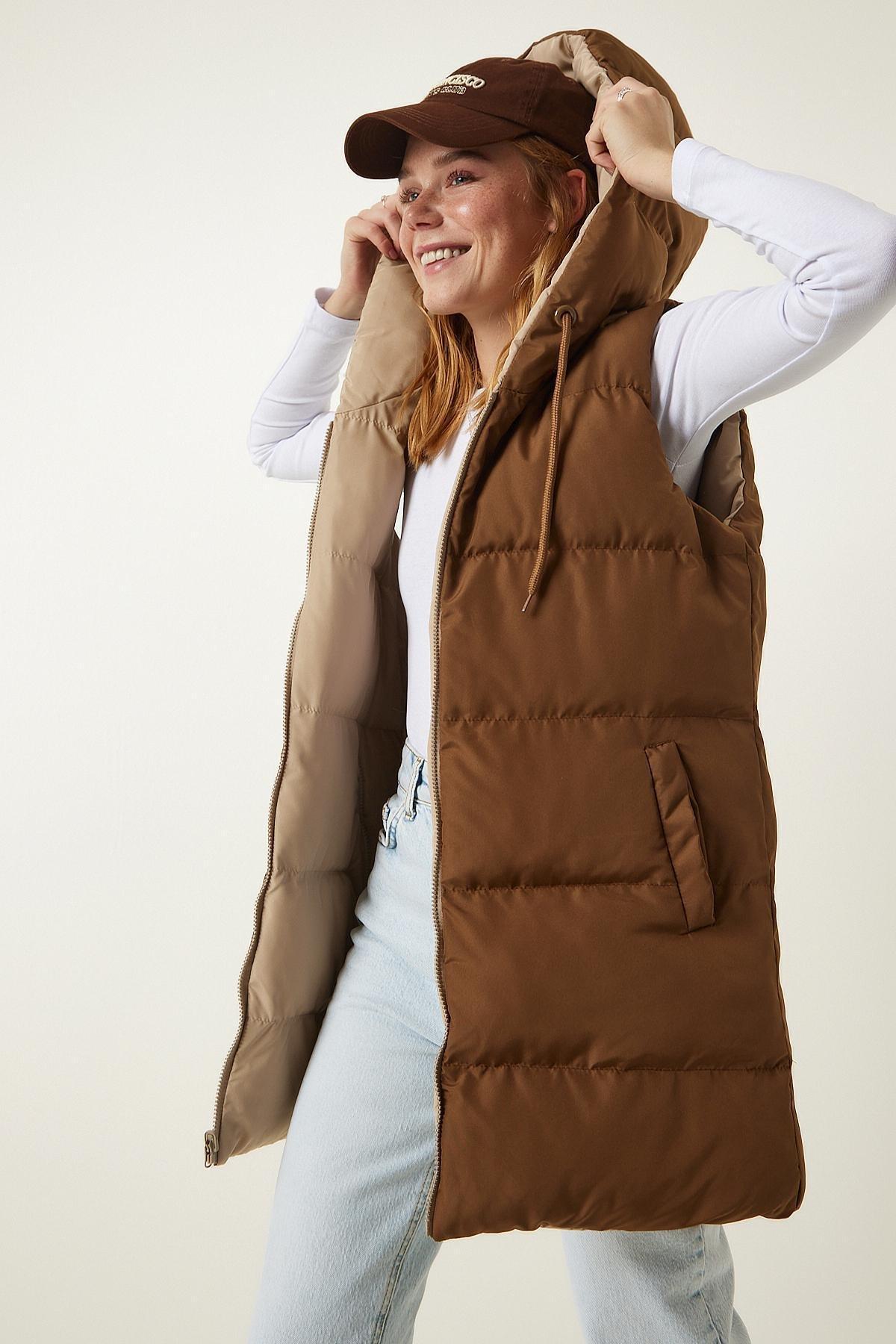 Happiness Istanbul - Beige Hooded Reversible Puffer Vest