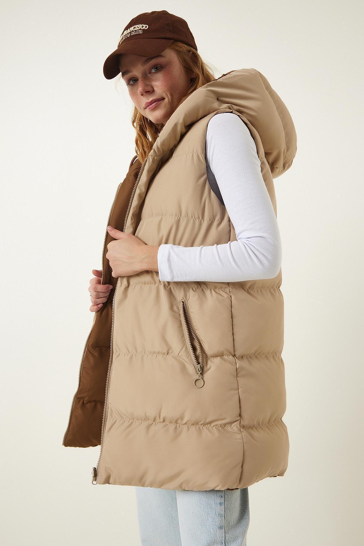 Happiness Istanbul - Beige Hooded Reversible Puffer Vest