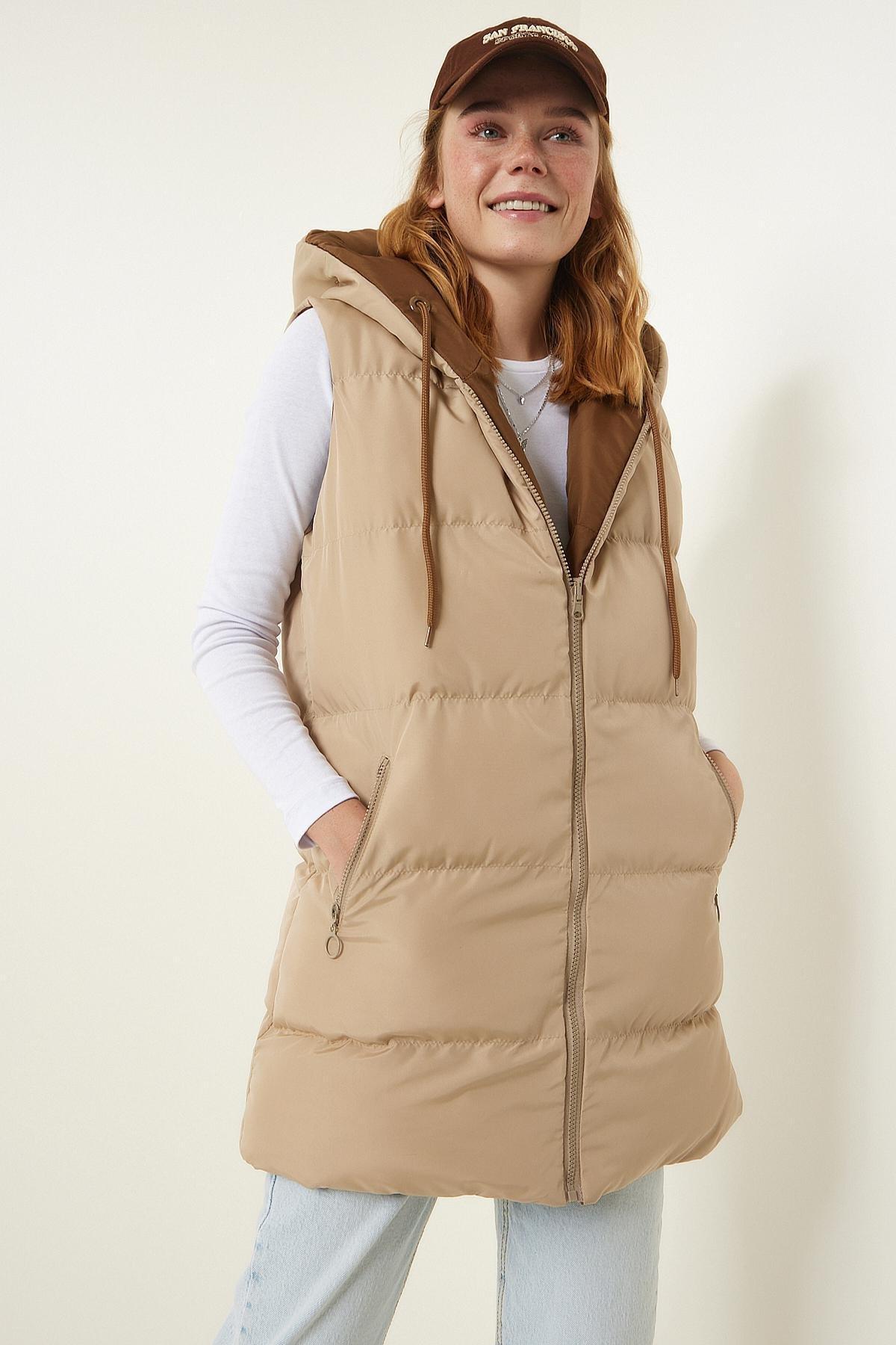 Happiness Istanbul - Beige Hooded Reversible Puffer Vest