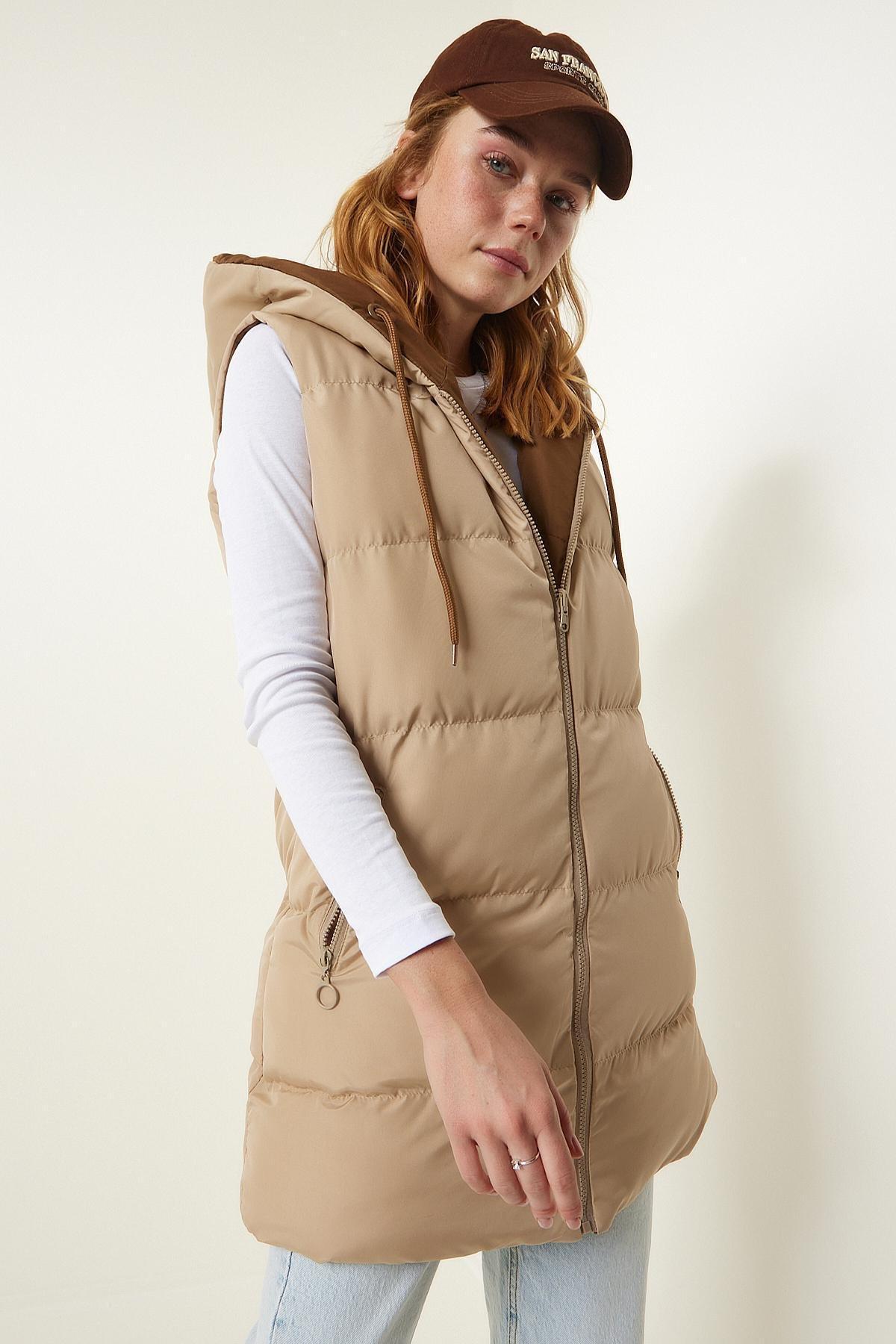 Happiness Istanbul - Beige Hooded Reversible Puffer Vest
