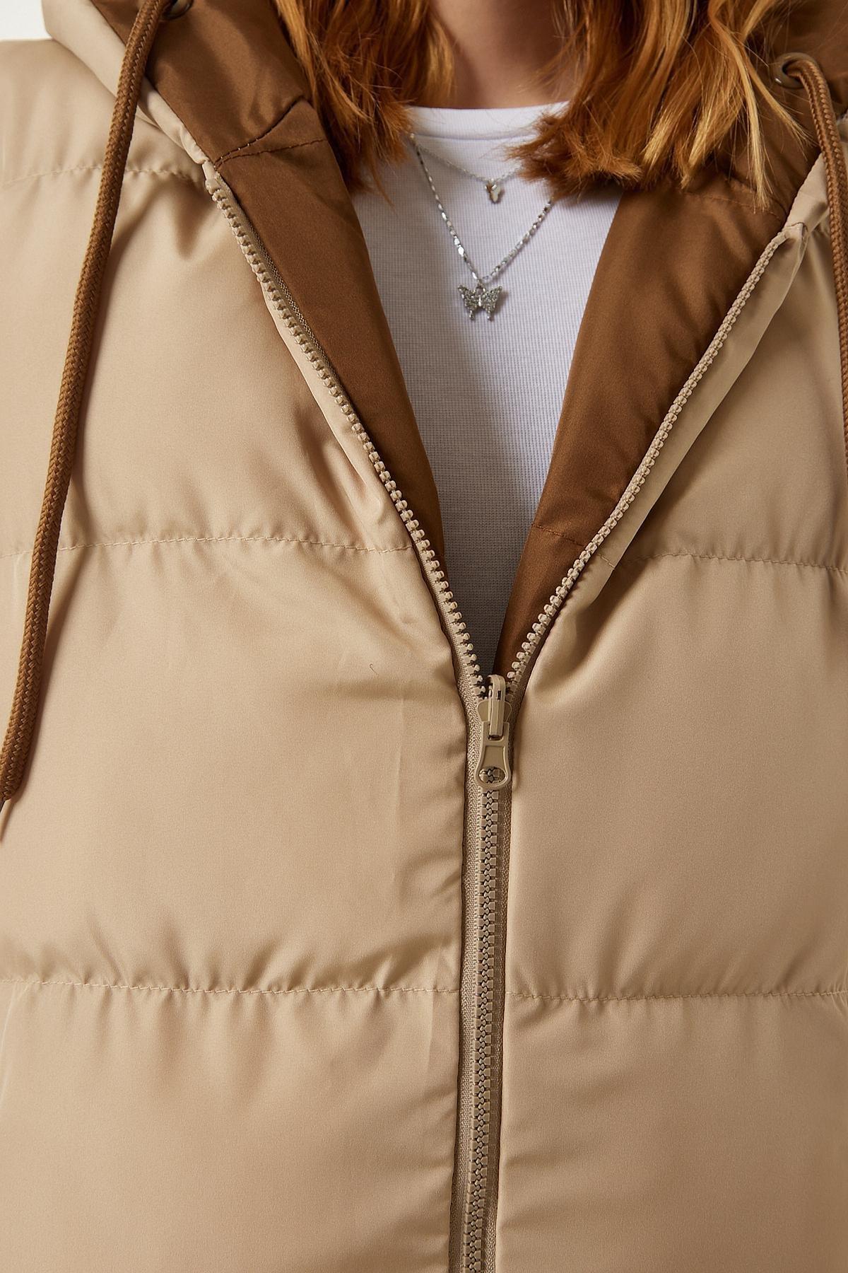 Happiness Istanbul - Beige Hooded Reversible Puffer Vest