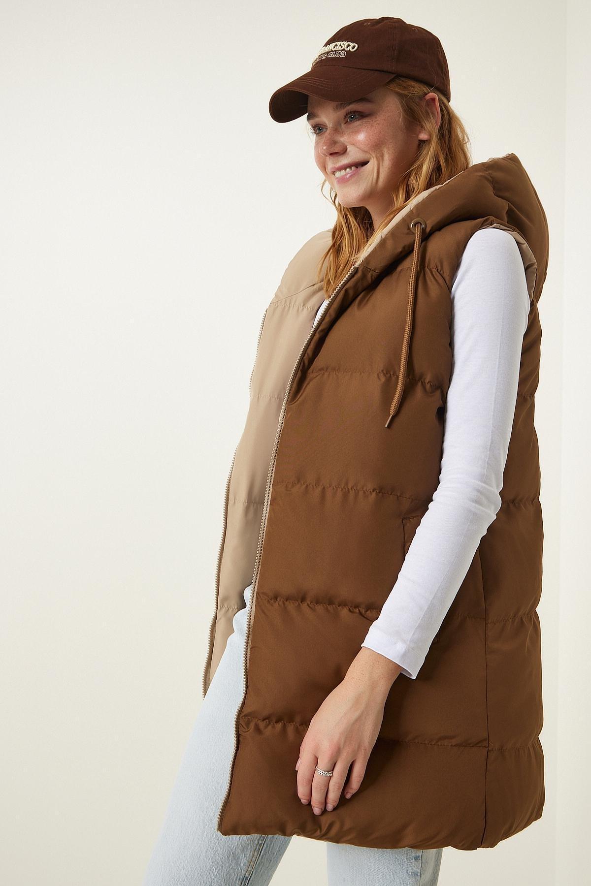 Happiness Istanbul - Beige Hooded Reversible Puffer Vest