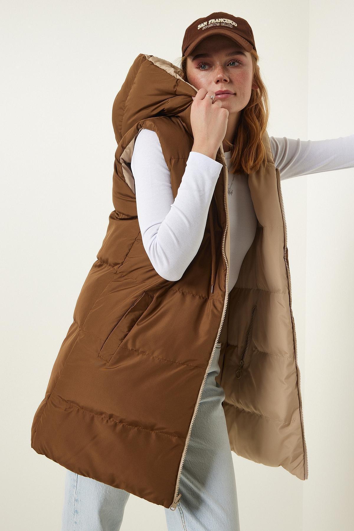 Happiness Istanbul - Beige Hooded Reversible Puffer Vest