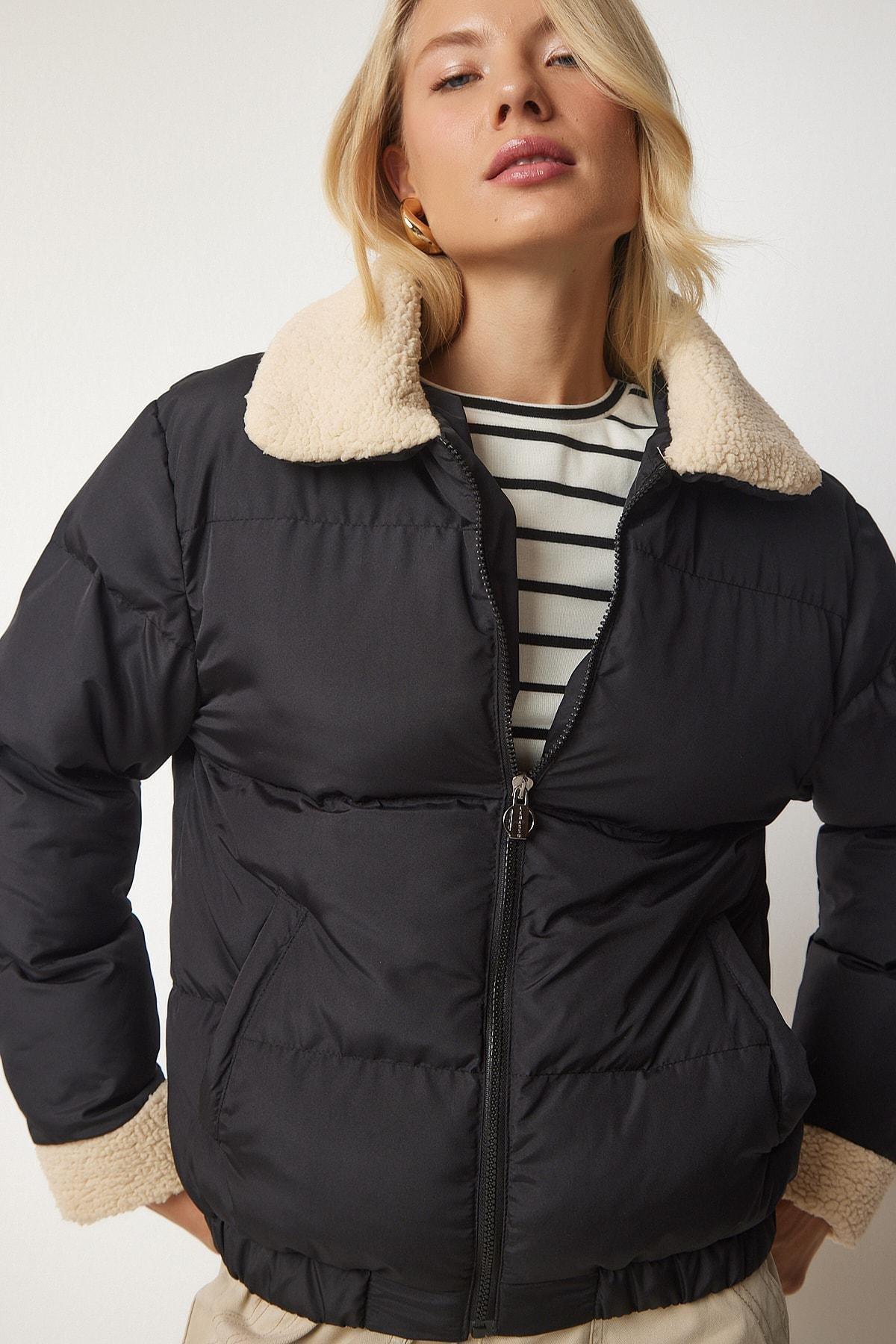 Black Plush Detailed Down Coat, BLACK, large image number 0