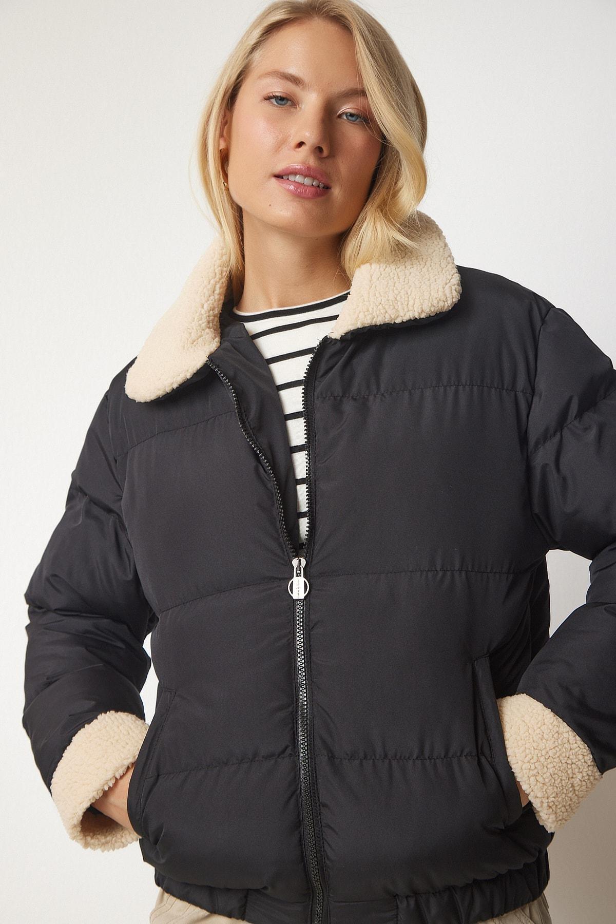 Black Plush Detailed Down Coat, BLACK, large image number 1