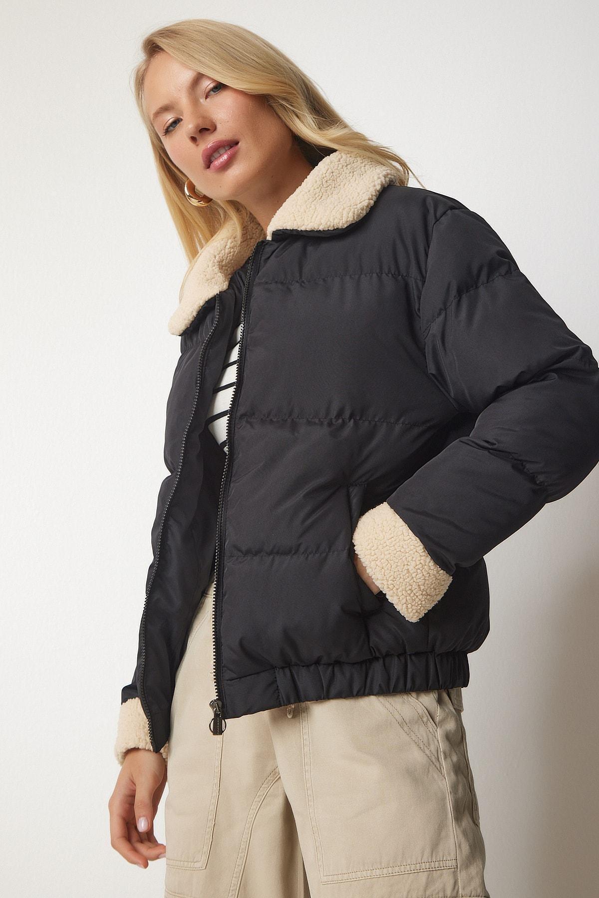 Black Plush Detailed Down Coat, BLACK, large image number 2