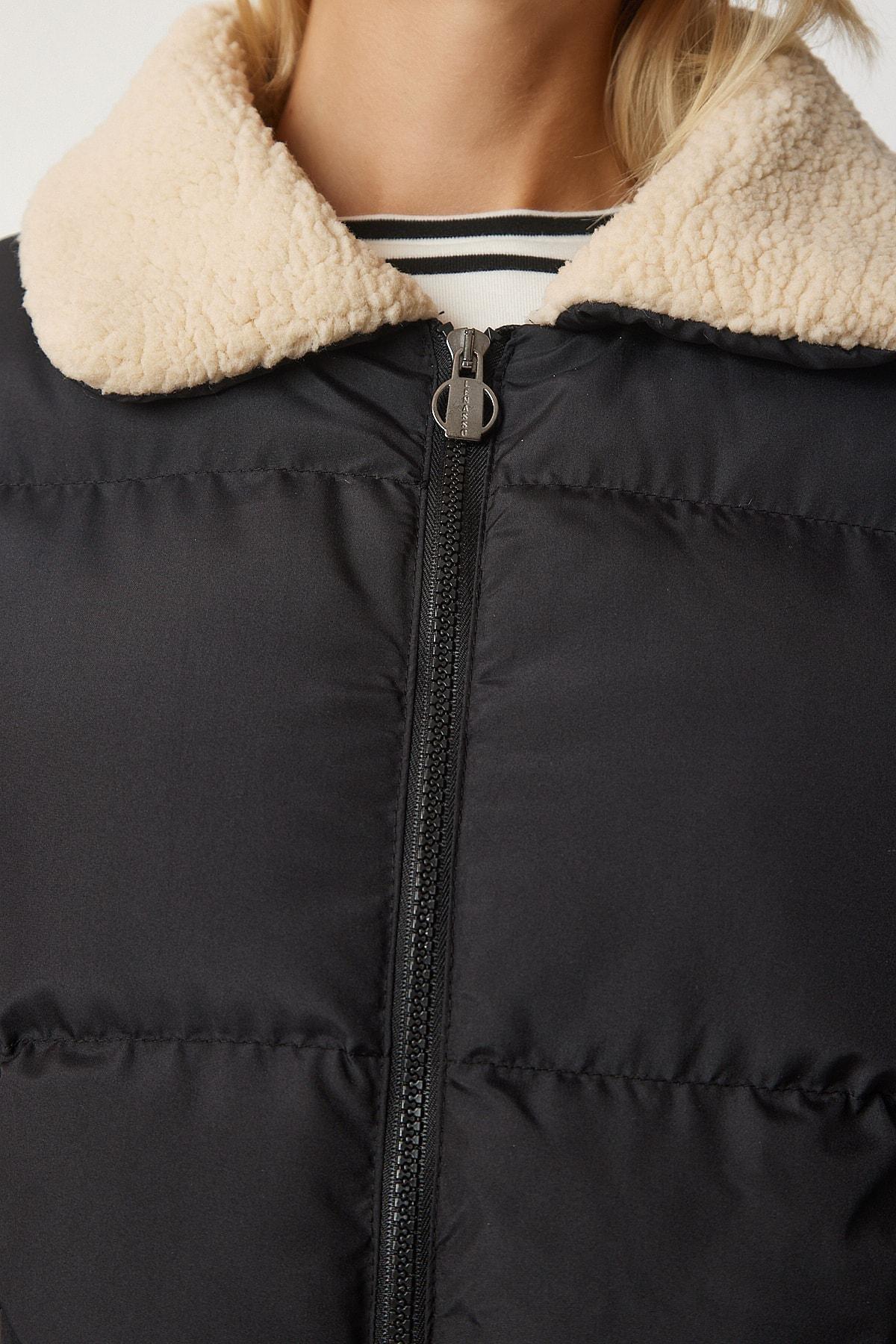 Black Plush Detailed Down Coat, BLACK, large image number 4