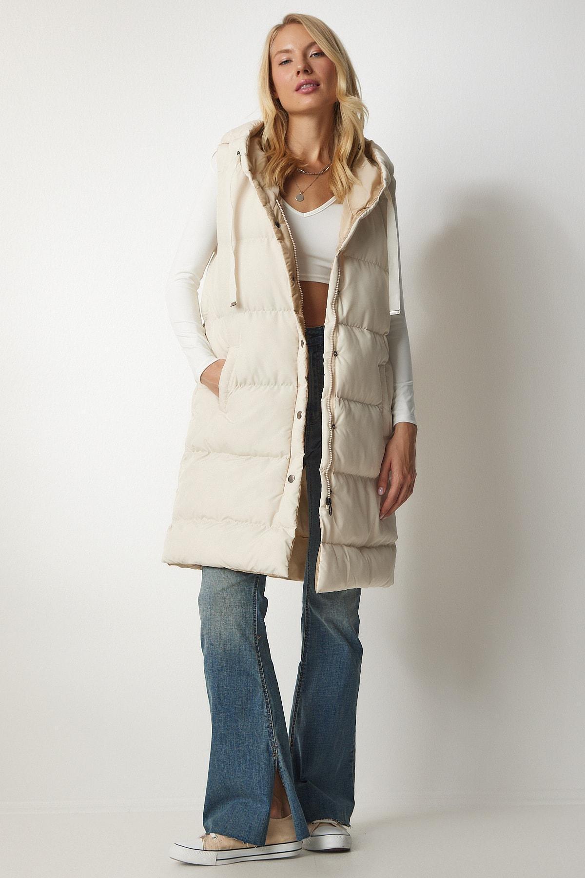 Cream Hooded Long Inflatable Vest, , large image number 0
