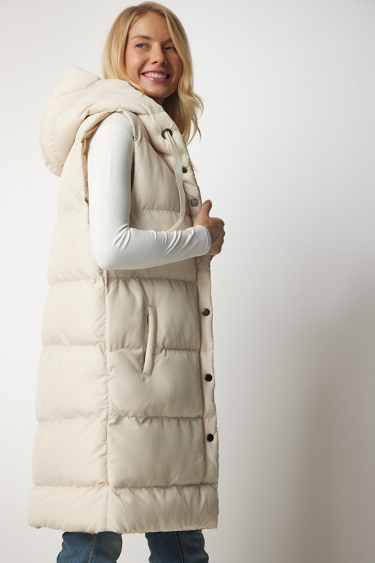Cream Hooded Long Inflatable Vest, , large image number 1