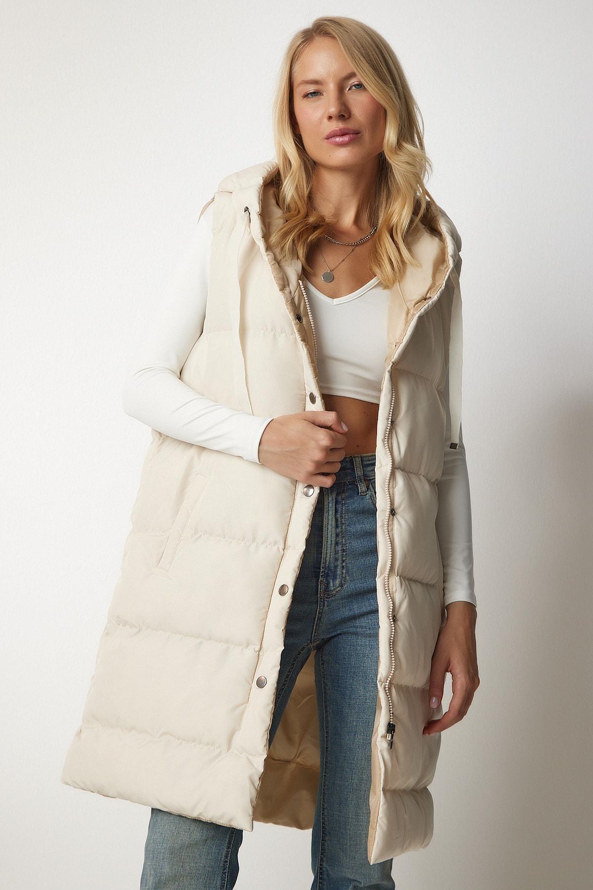 Cream Hooded Long Inflatable Vest, , large image number 2