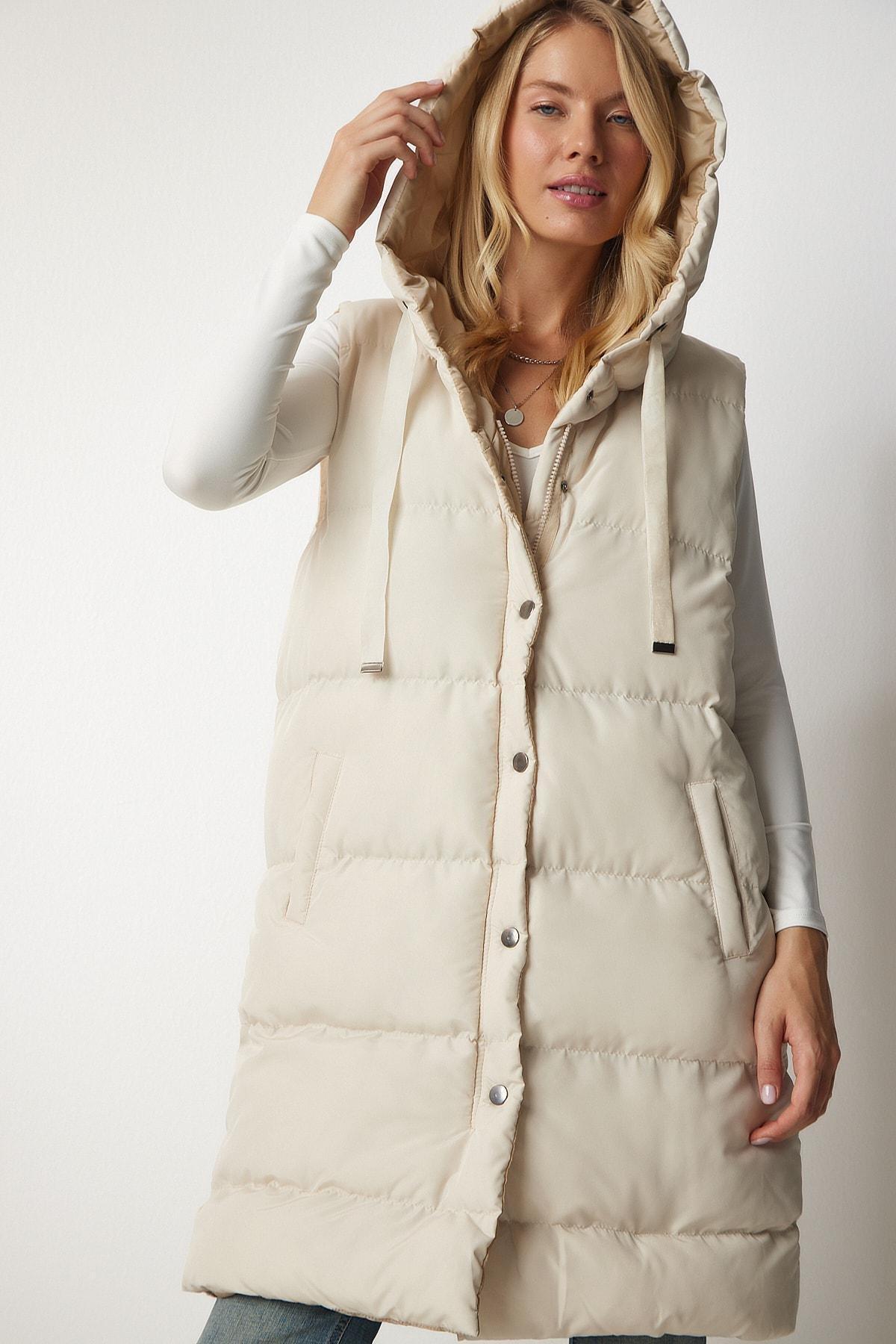 Cream Hooded Long Inflatable Vest, , large image number 3