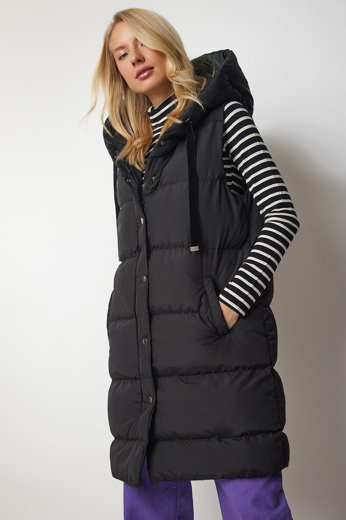 Black Hooded Long Inflatable Vest, , large image number 0