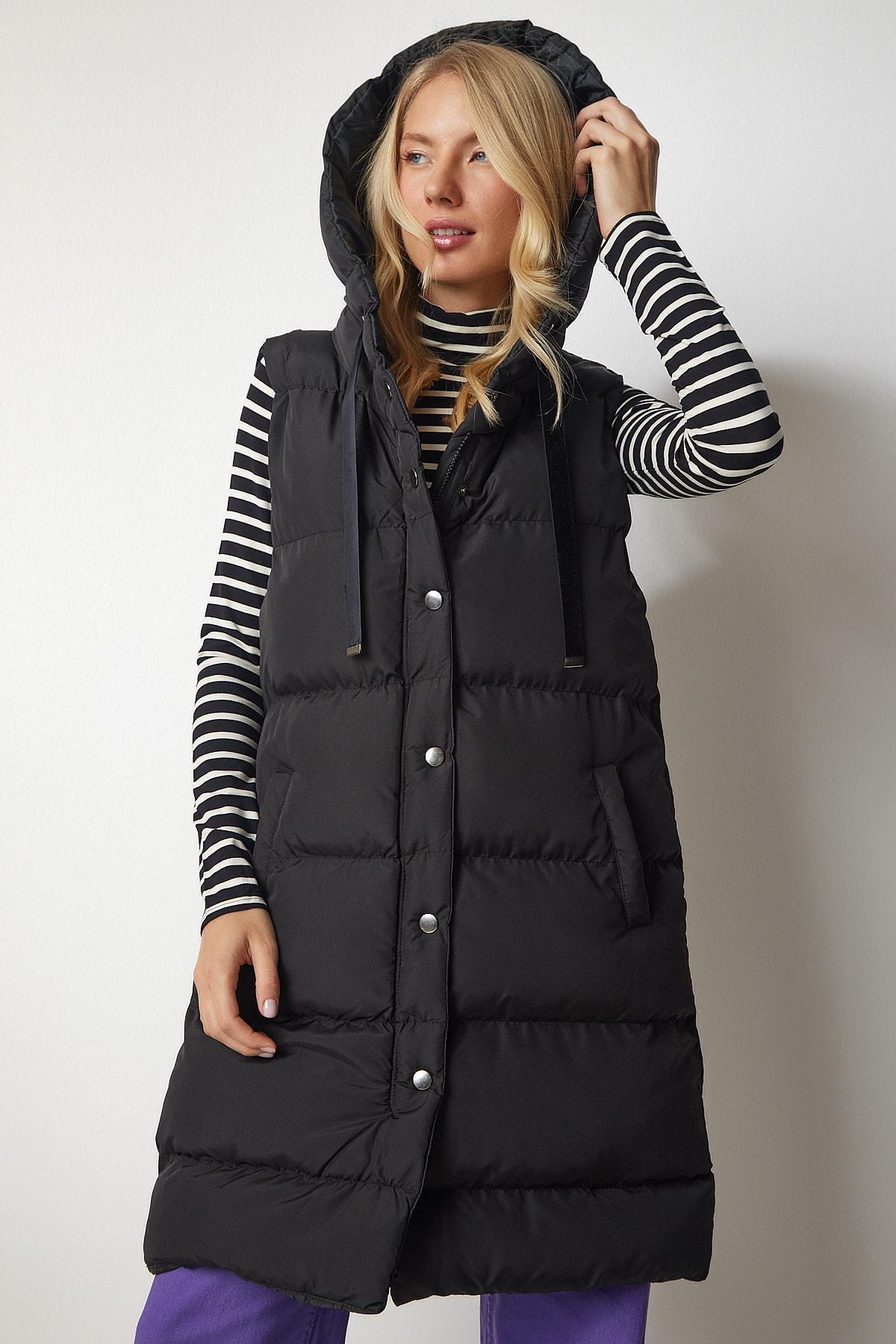 Black Hooded Long Inflatable Vest, , large image number 2