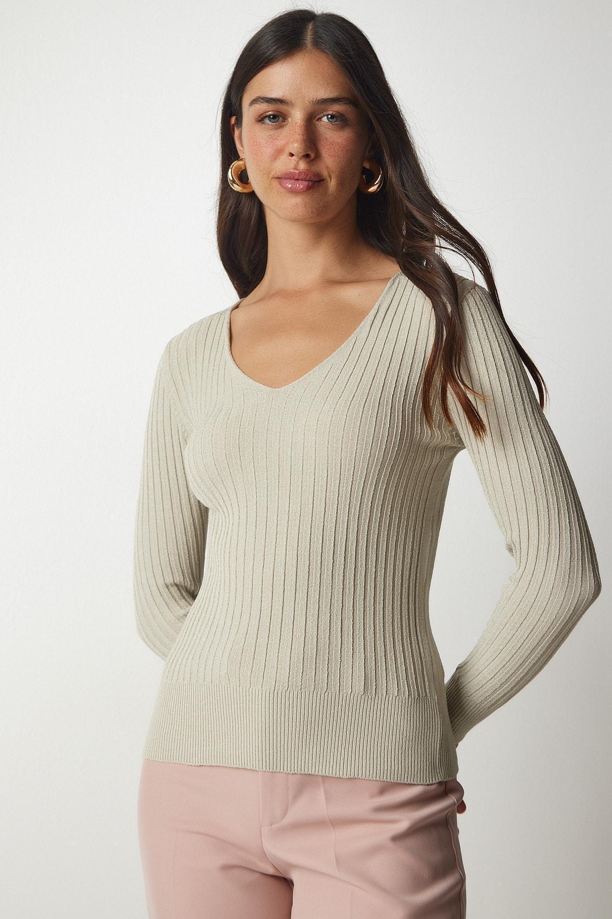 Beige V-Neck Basic Corduroy Blouse, Beige, large image number 3