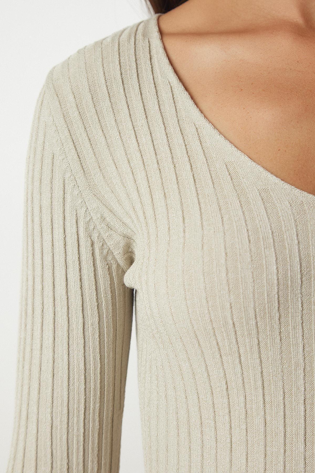Beige V-Neck Basic Corduroy Blouse, Beige, large image number 4