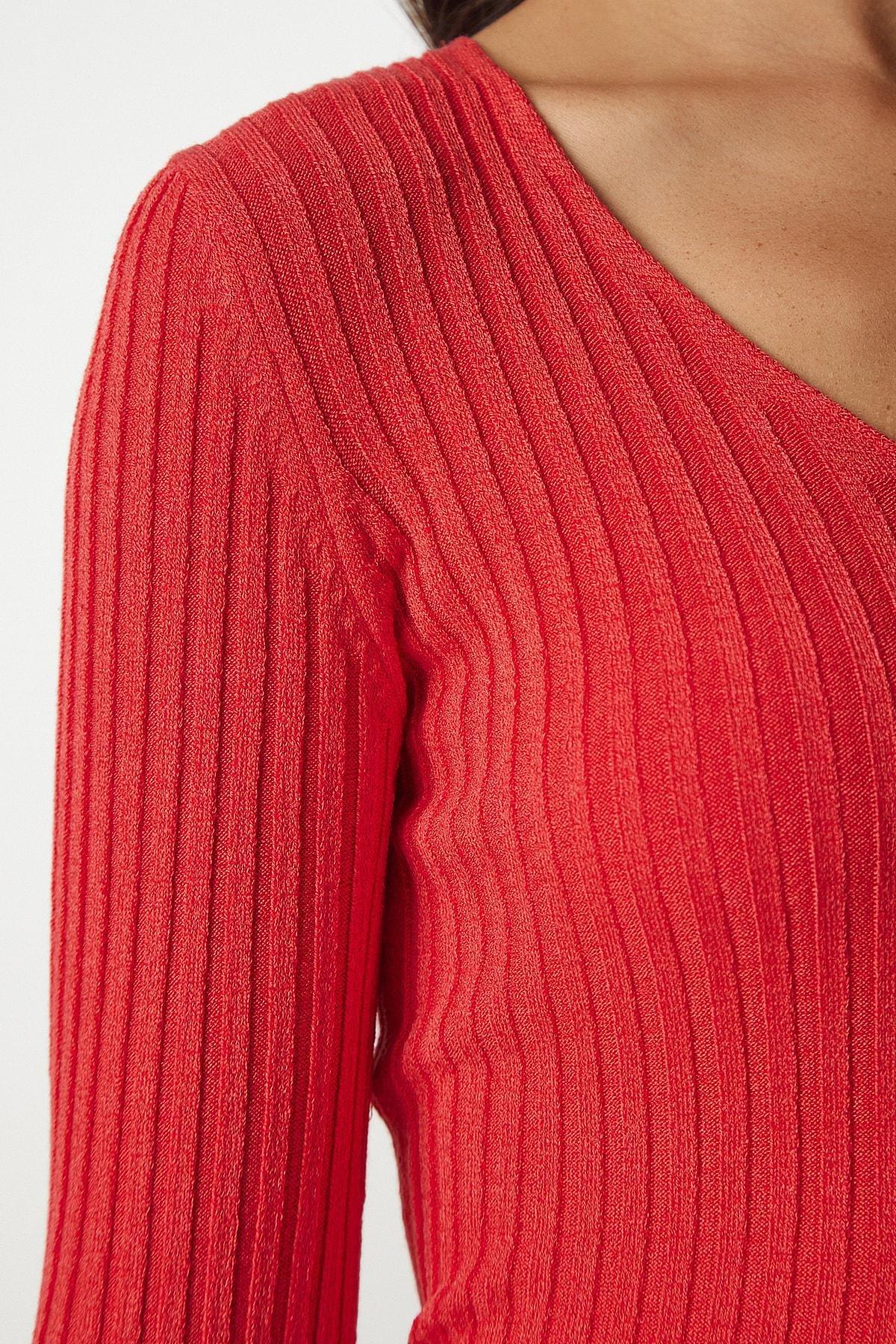 Red V-Neck Corduroy Blouse, DARK ORANGE, large image number 3