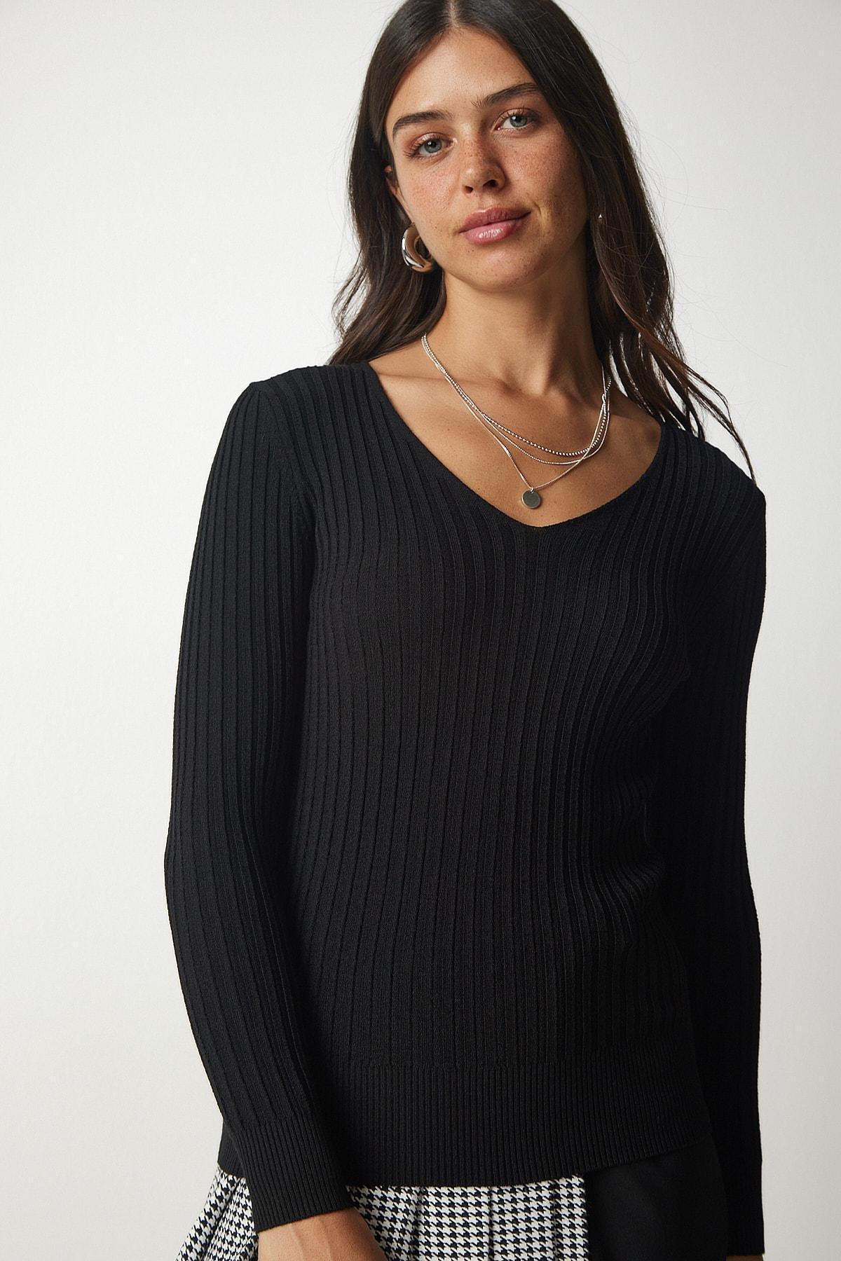 Black V-Neck Basic Corduroy Blouse, BLACK, large image number 1
