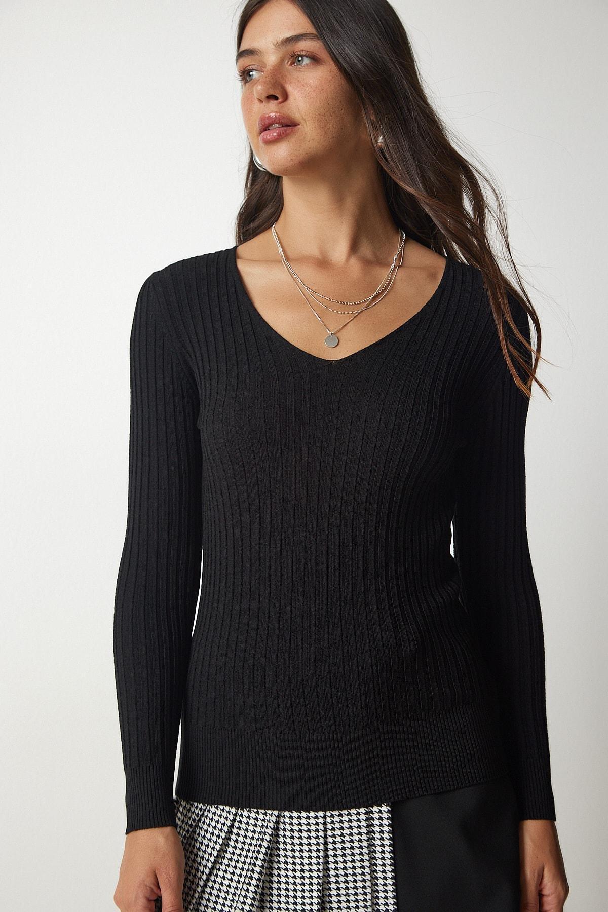 Black V-Neck Basic Corduroy Blouse, BLACK, large image number 3