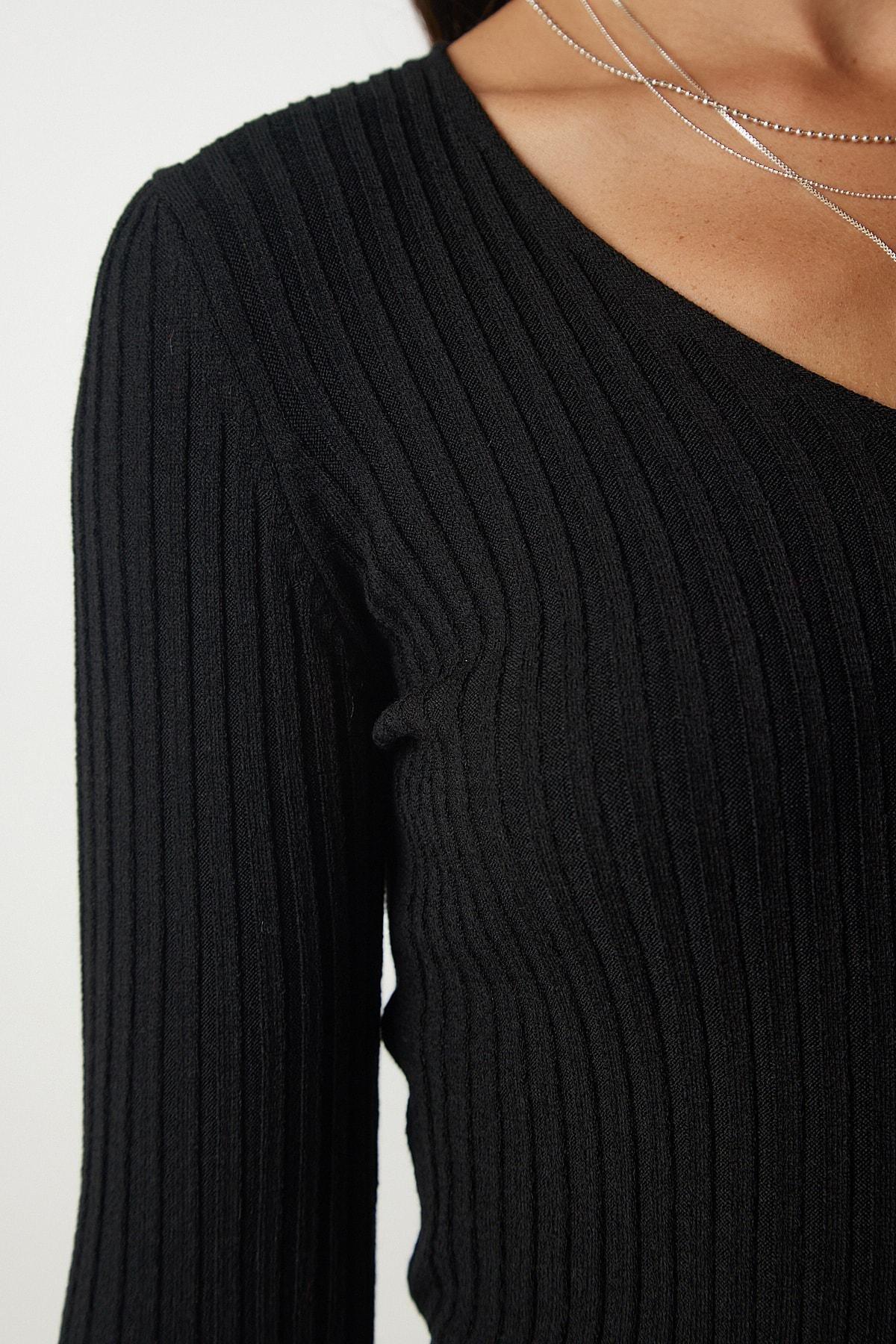 Black V-Neck Basic Corduroy Blouse, BLACK, large image number 4