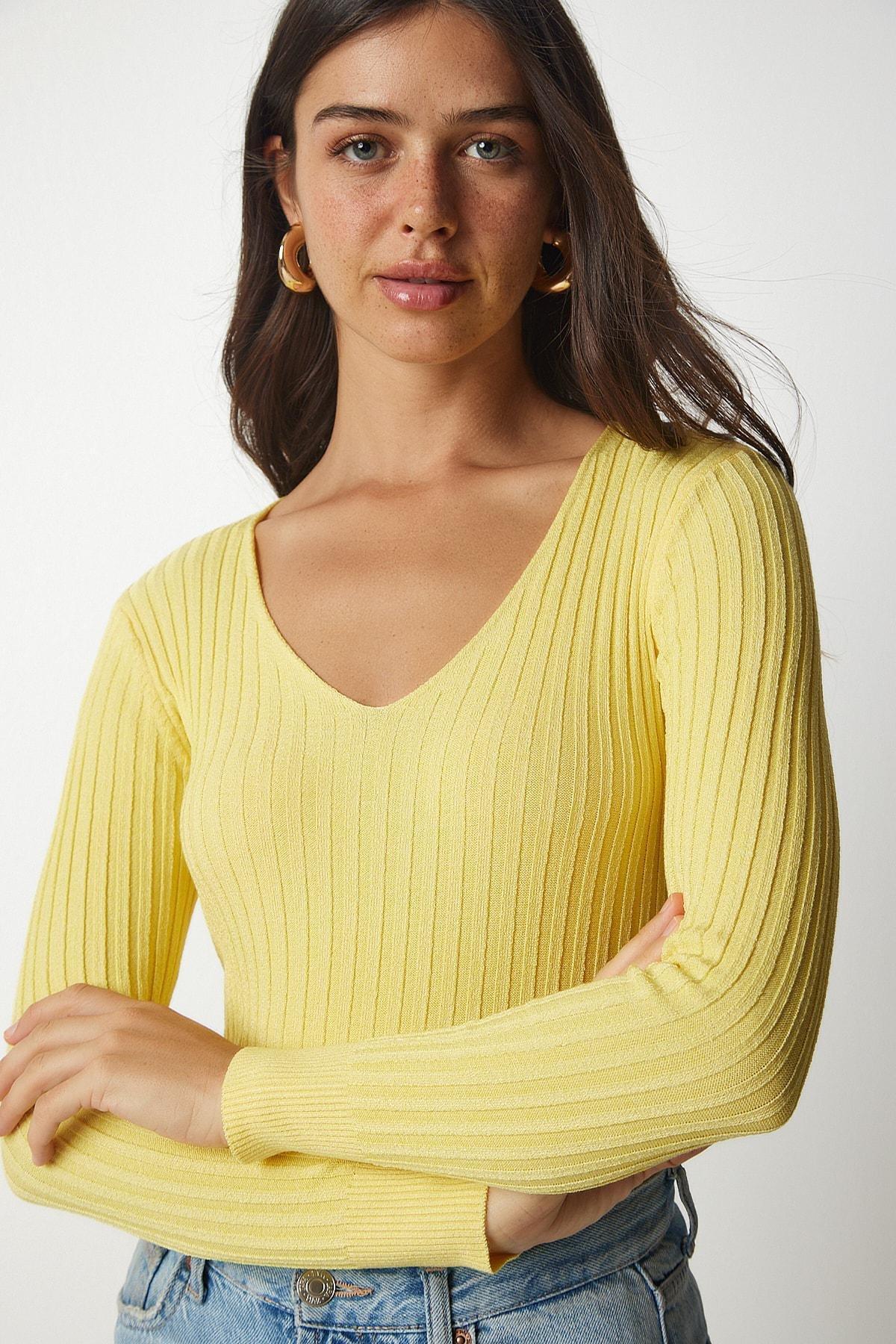 Yellow Basic Corduroy V-Neck Blouse, Yellow, large image number 1