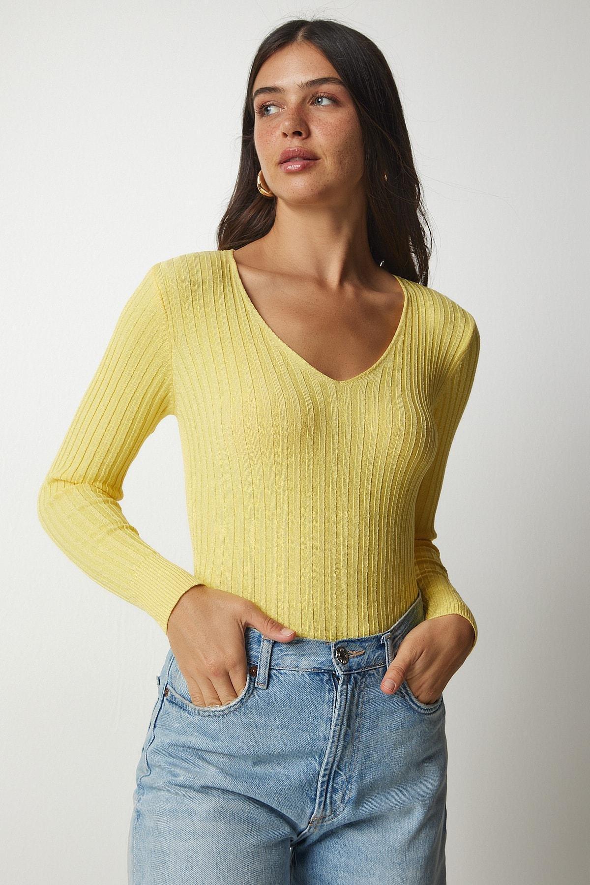 Yellow Basic Corduroy V-Neck Blouse, Yellow, large image number 2