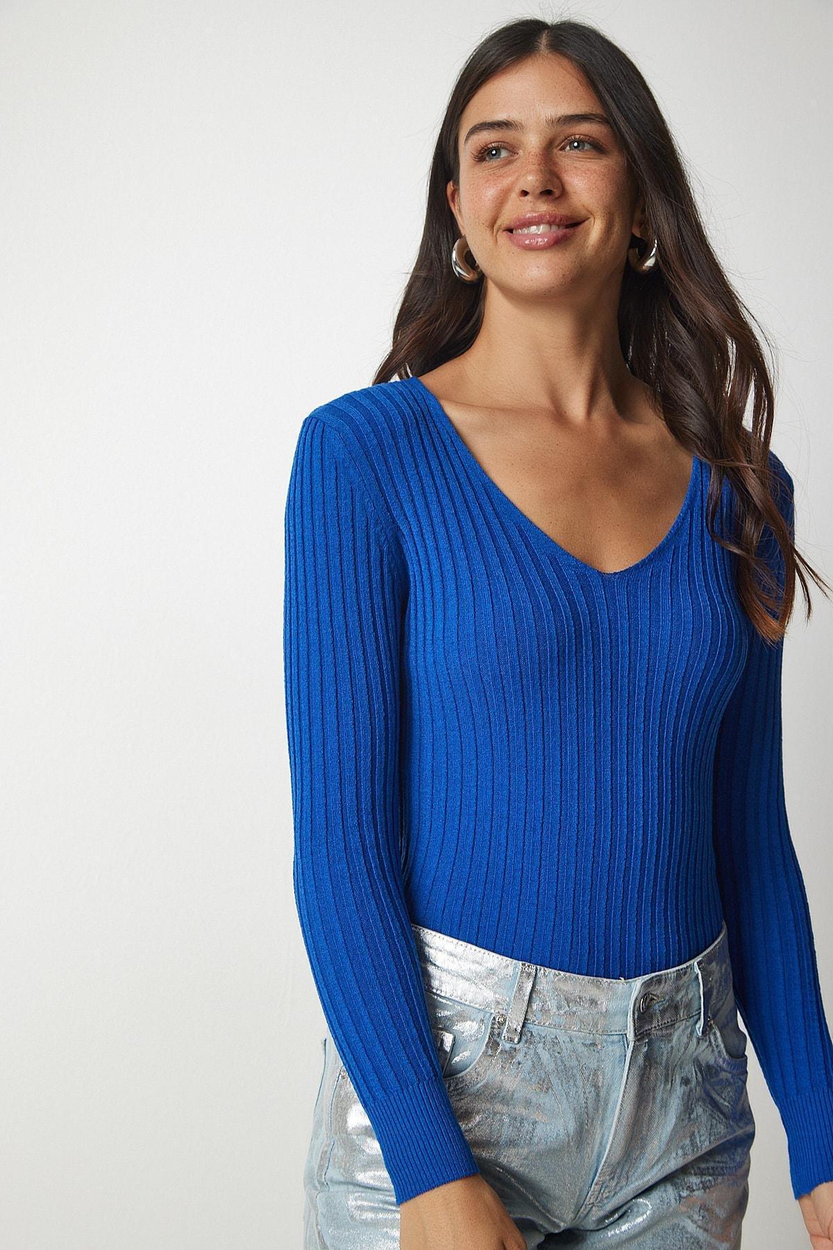 Blue Basic Corduroy V-Neck Blouse, Blue, large image number 0