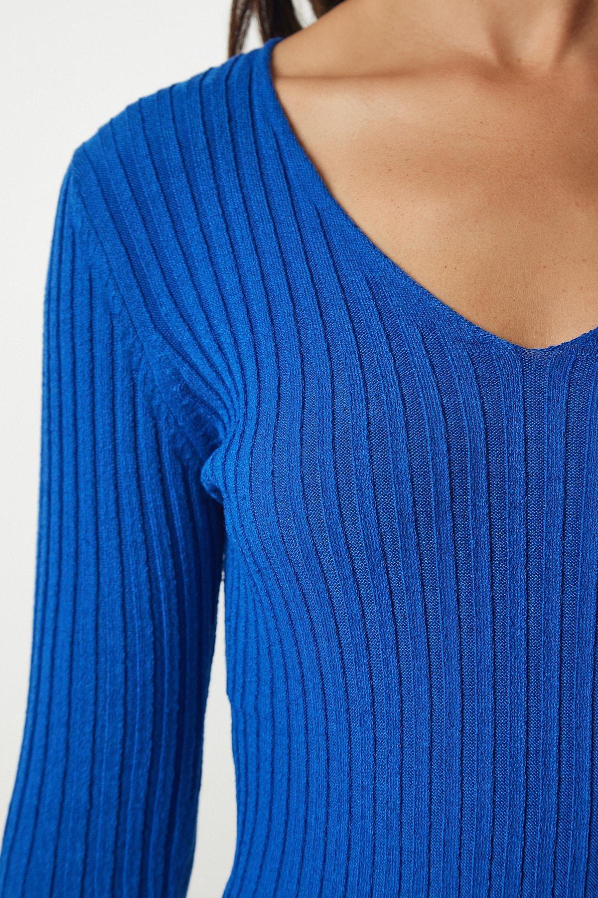 Blue Basic Corduroy V-Neck Blouse, Blue, large image number 2