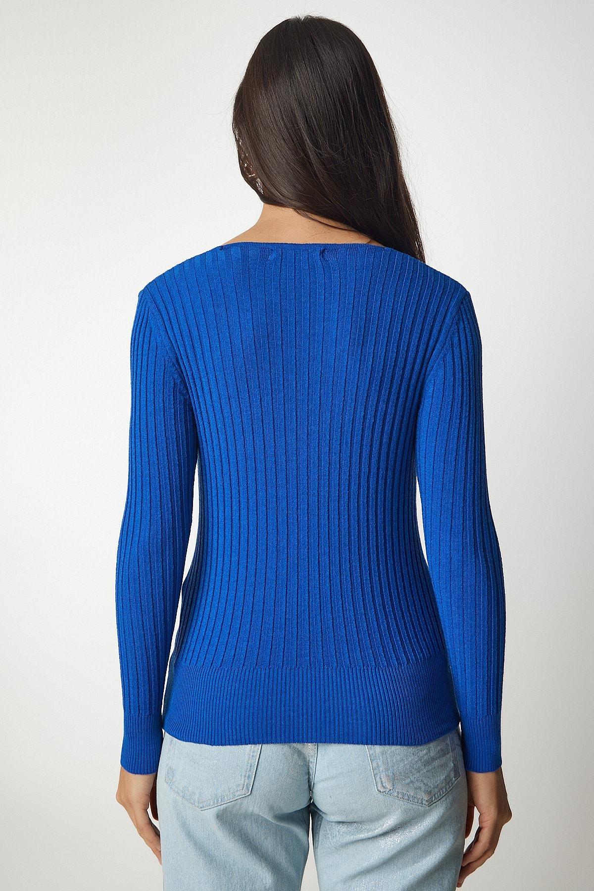Blue Basic Corduroy V-Neck Blouse, Blue, large image number 3