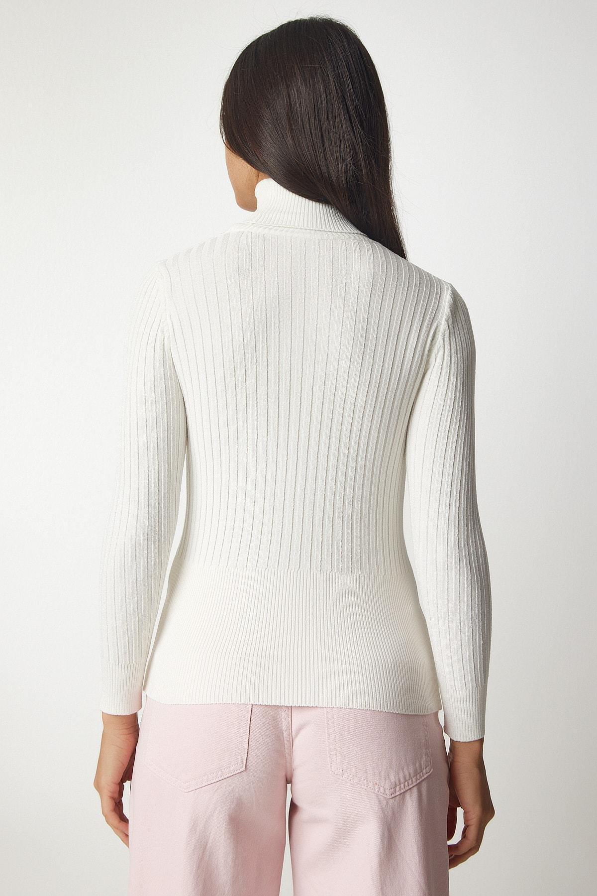 White Turtleneck Corduroy Basic Sweater, Bone, large image number 5