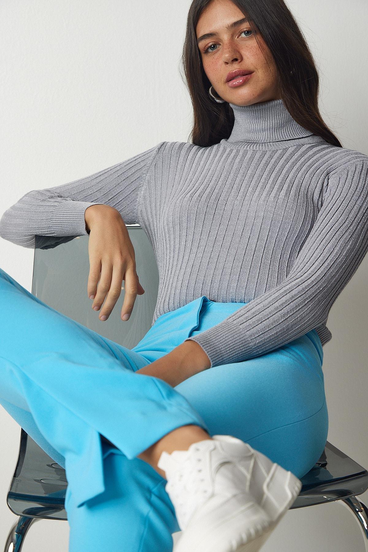 Gray Turtleneck Basic Corduroy Sweater, C101_1653, large image number 0
