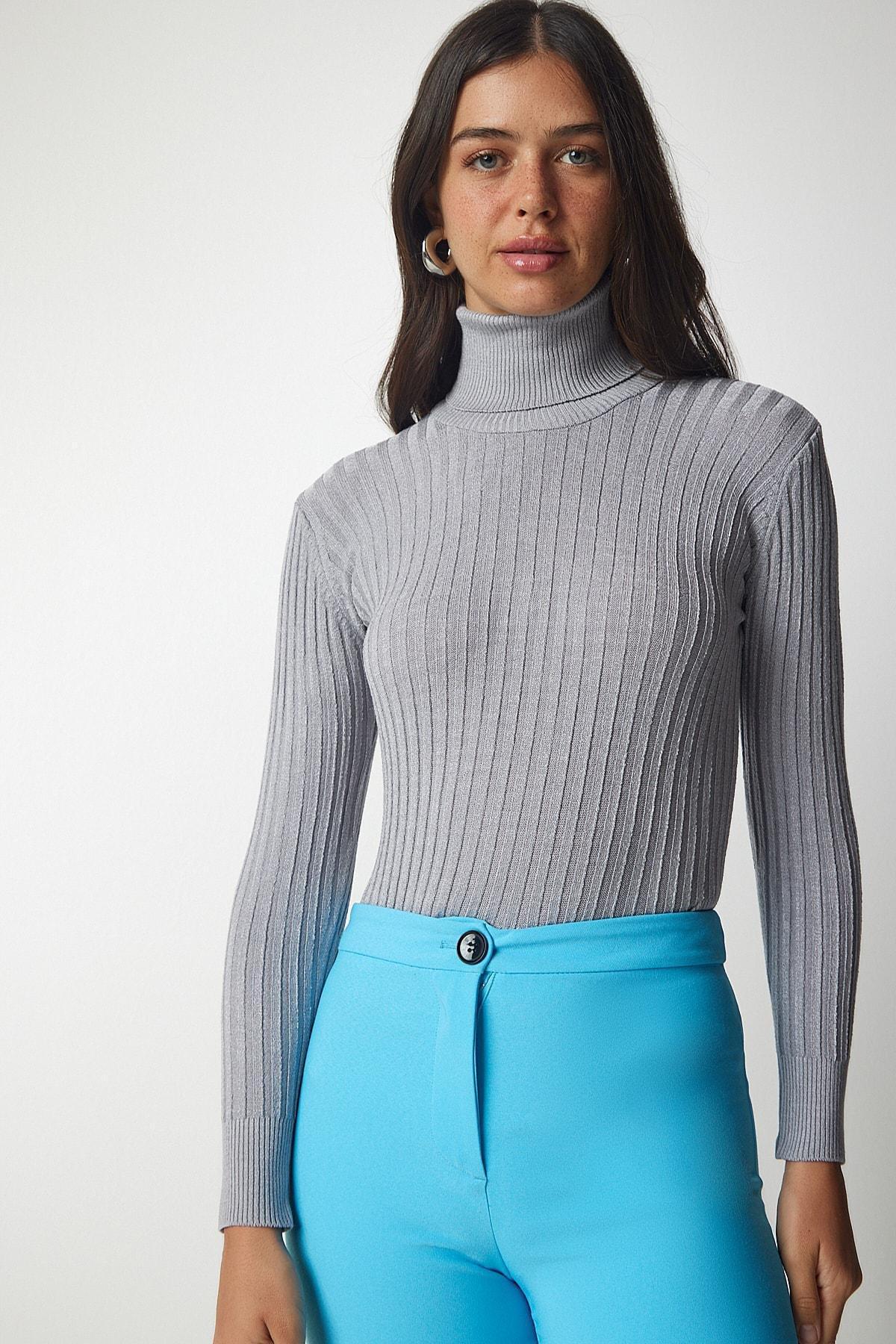 Happiness Istanbul - Gray Turtleneck Basic Corduroy Sweater