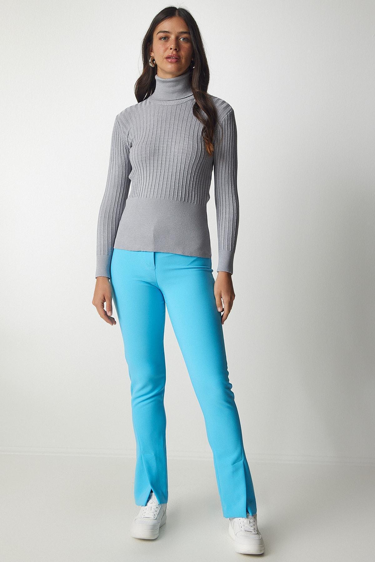 Happiness Istanbul - Gray Turtleneck Basic Corduroy Sweater