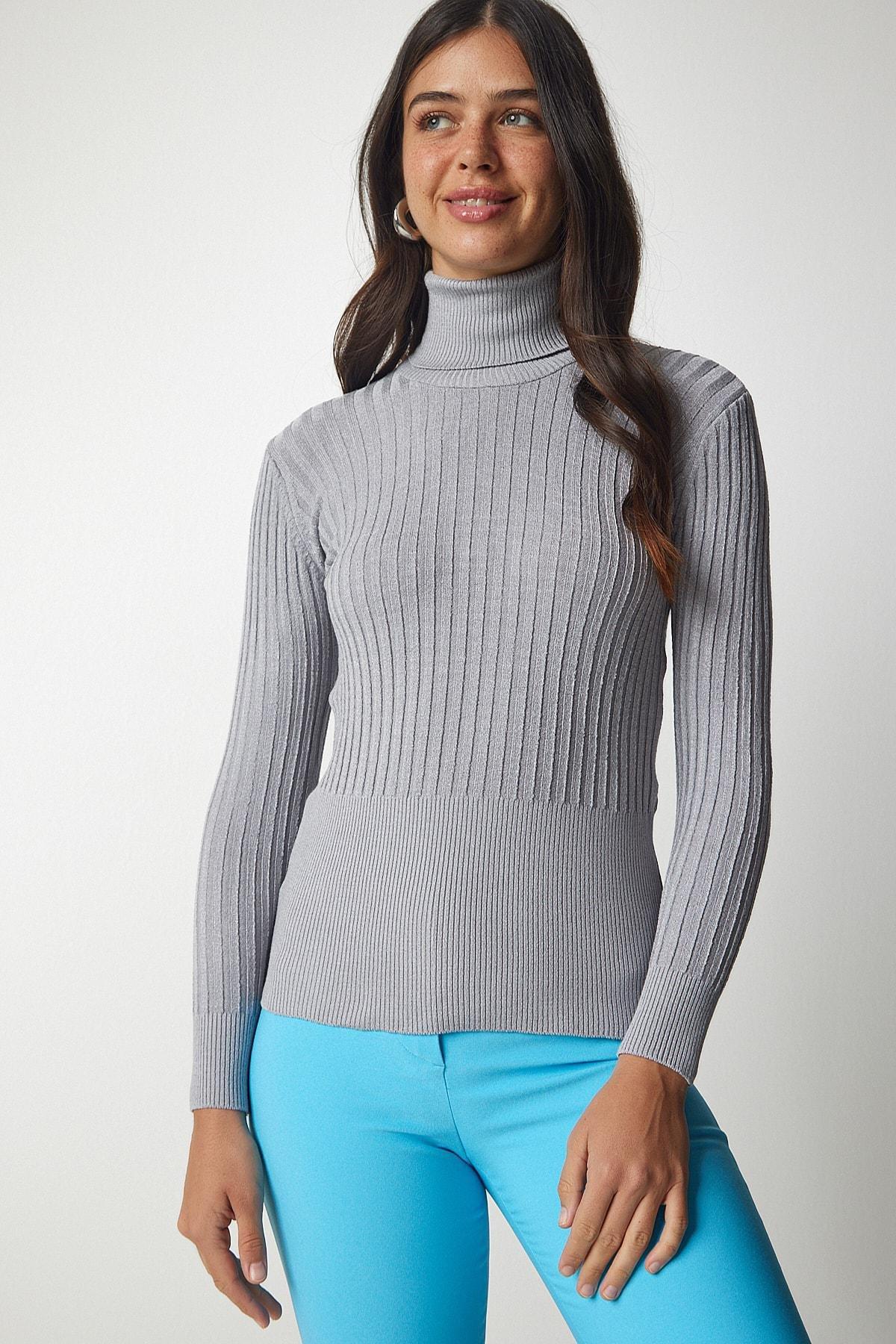 Happiness Istanbul - Gray Turtleneck Basic Corduroy Sweater