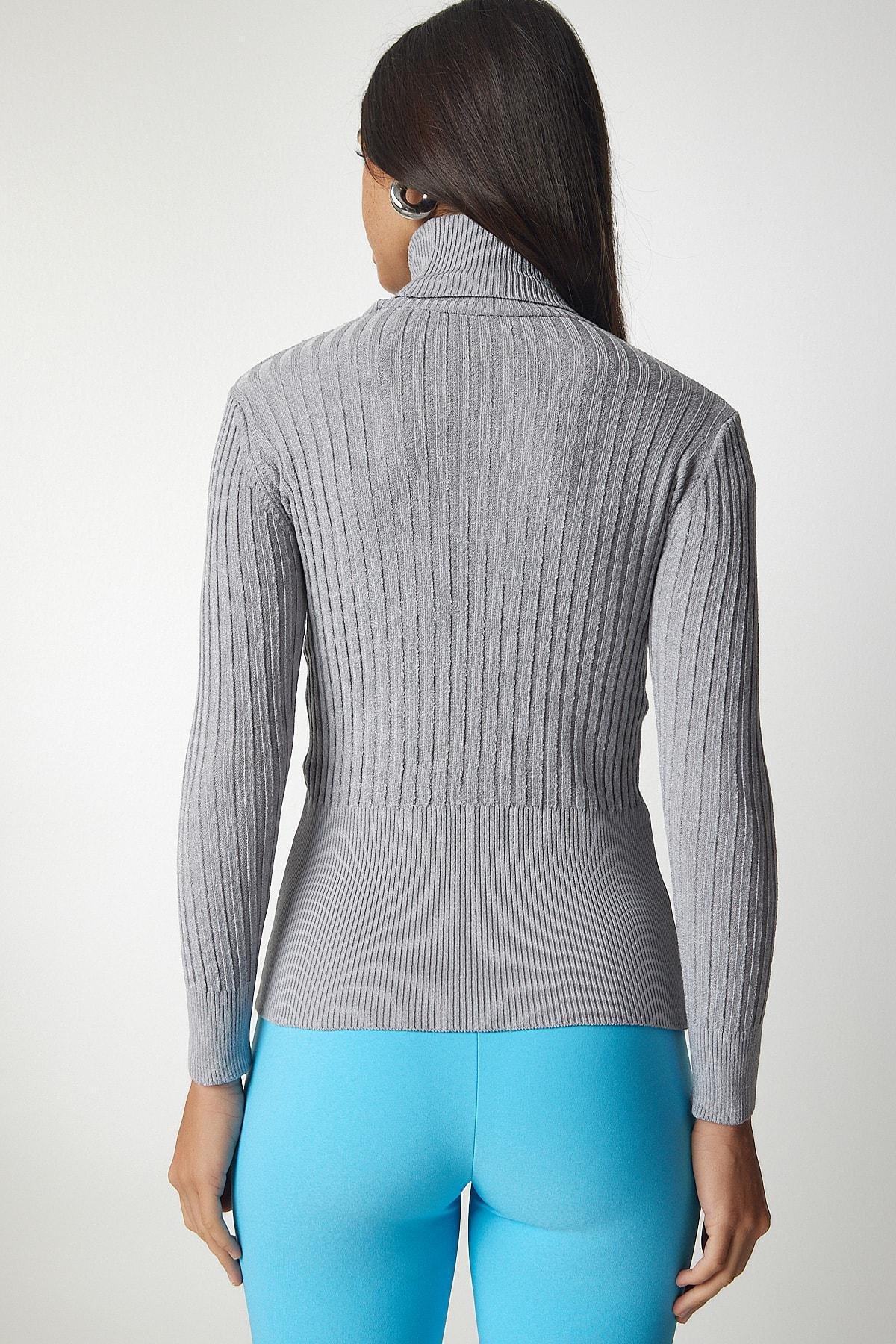 Happiness Istanbul - Gray Turtleneck Basic Corduroy Sweater