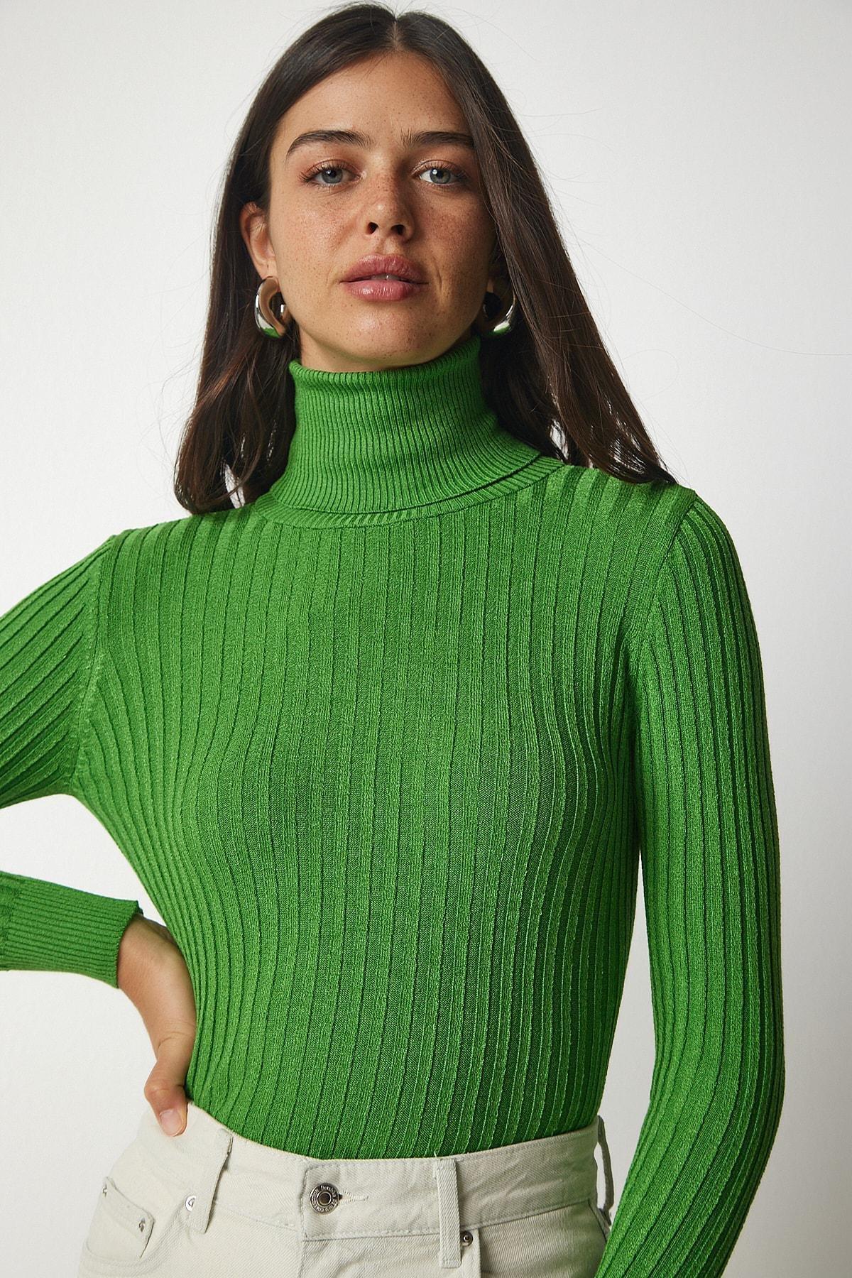 Green Turtleneck Corduroy Basic Sweater, Green, large image number 2